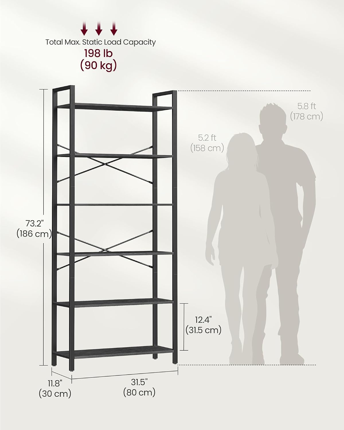 Detalle de VASAGLE BARNET LLS082B56 6-Tier Bookshelf, Black Steel and Engineered Wood