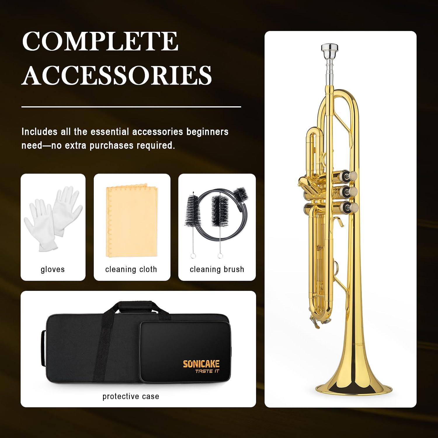 Detalle 2 de SONICAKE Tromba Bb Standard per Principianti – kit completo in ottone dorato con bocchino 7C e custodia rigida