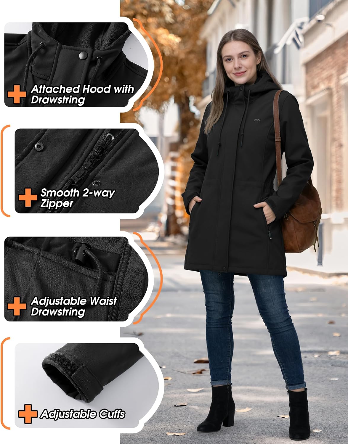 Detalle de 33,000ft 3JL012A Women's Long Softshell Jacket with Hood, Fleece Lining