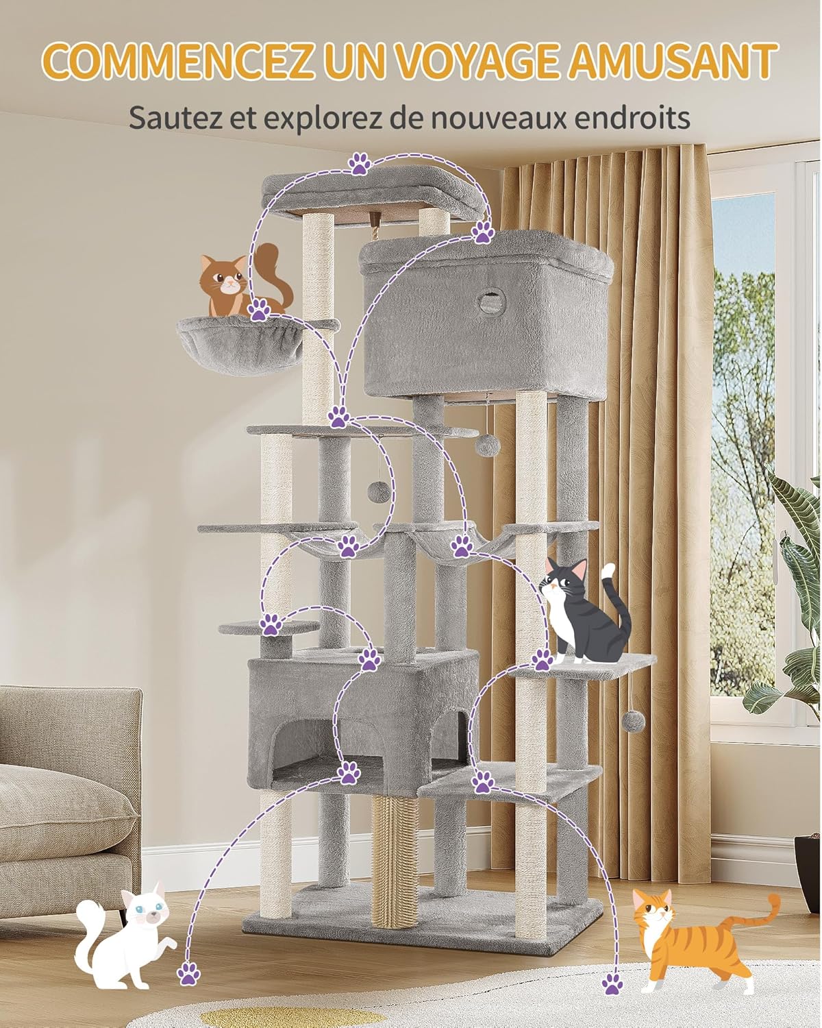 Thumbnail 3 de Hzuaneri Arbre à Chat XXL de 200 cm pour Maine Coon – 10 griffoirs, 2 hamacs et 2 niches (gris clair)