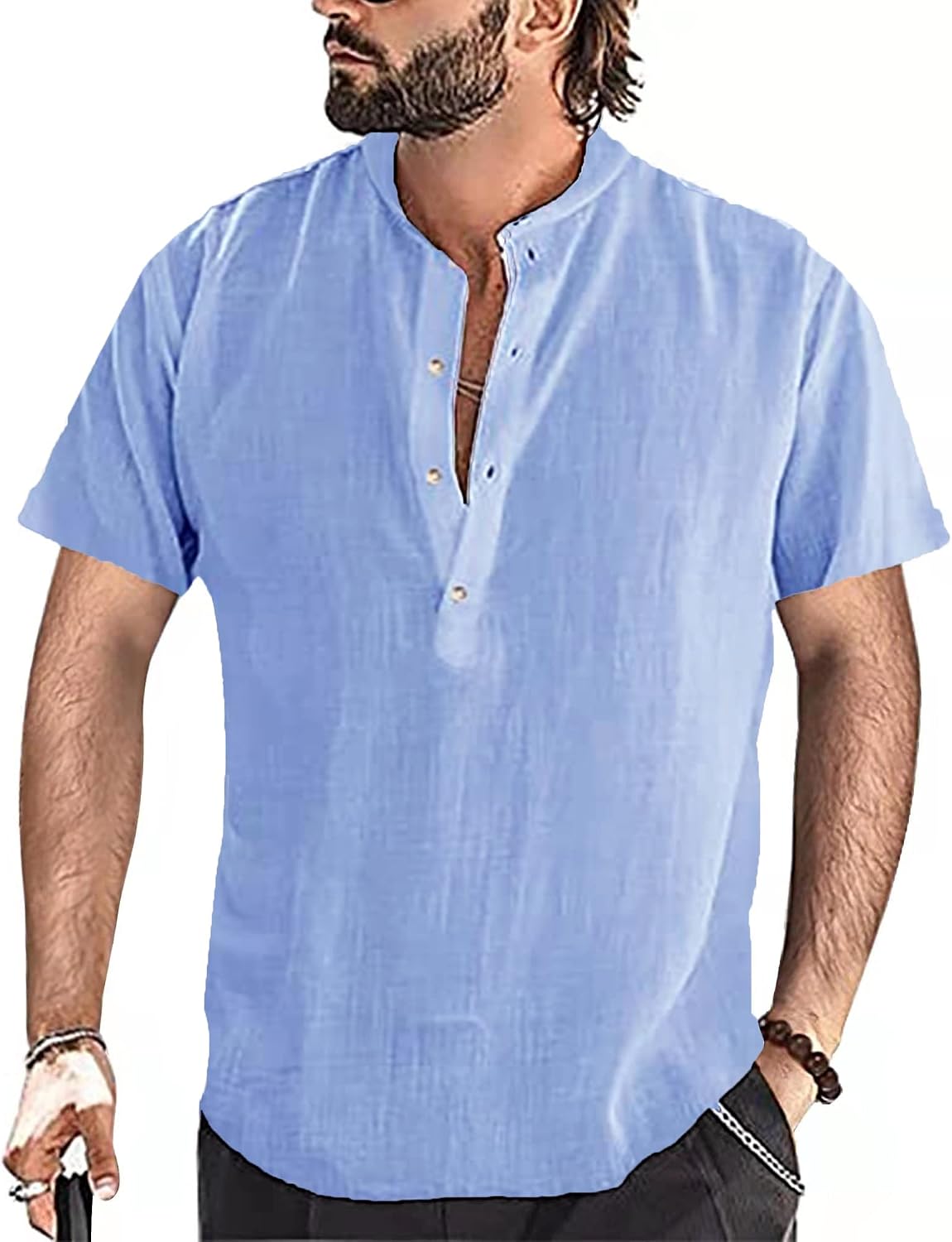 Detalle de YAOBAOLE Chemise Lin Homme Manches Courtes – Henley estival en coton-lin