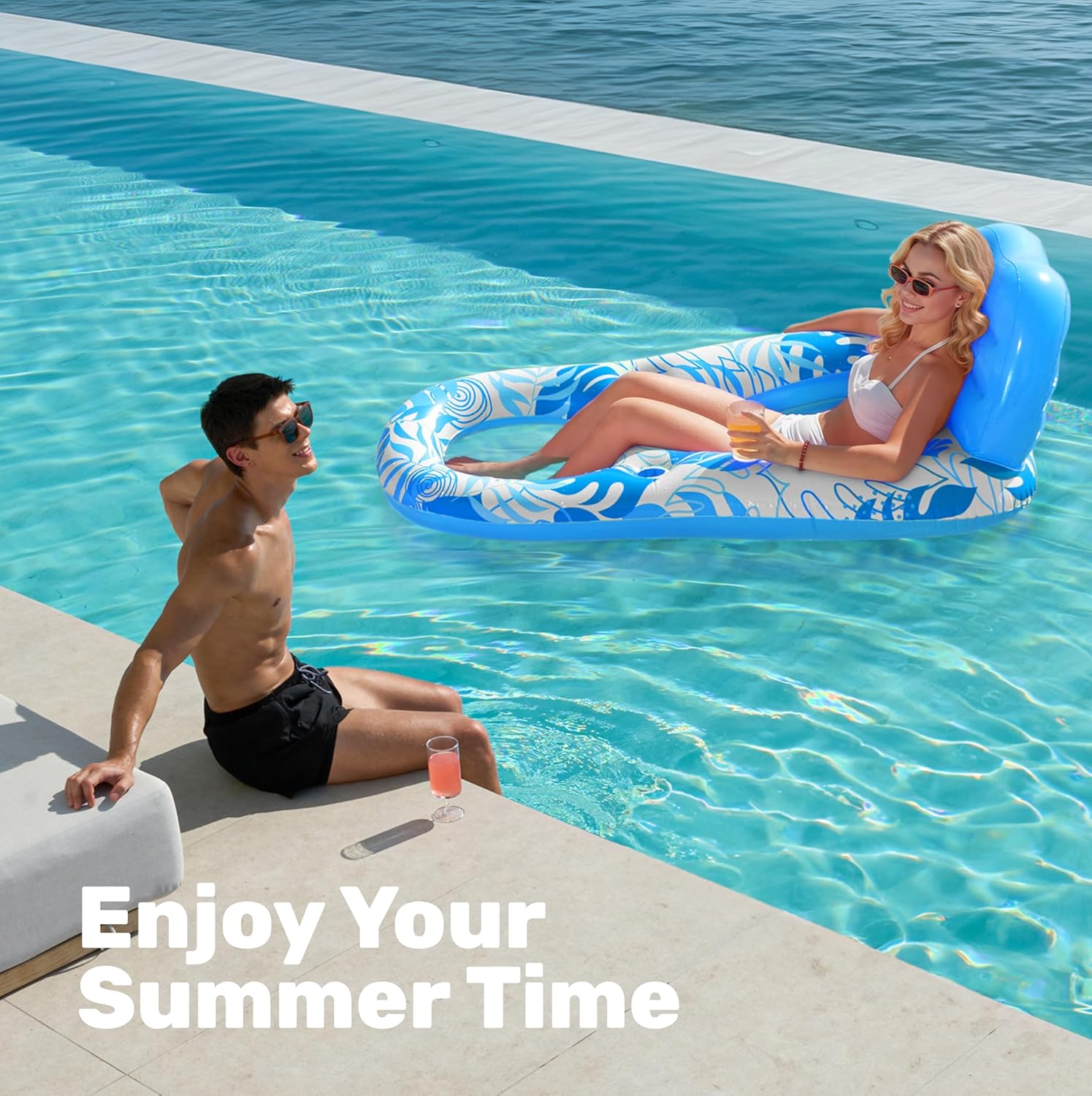 Thumbnail 6 de SLOOSH Inflatable Pool Floats Lounger (Adult) with Cup Holders & Foot Rest — Pink Tropical Leaves