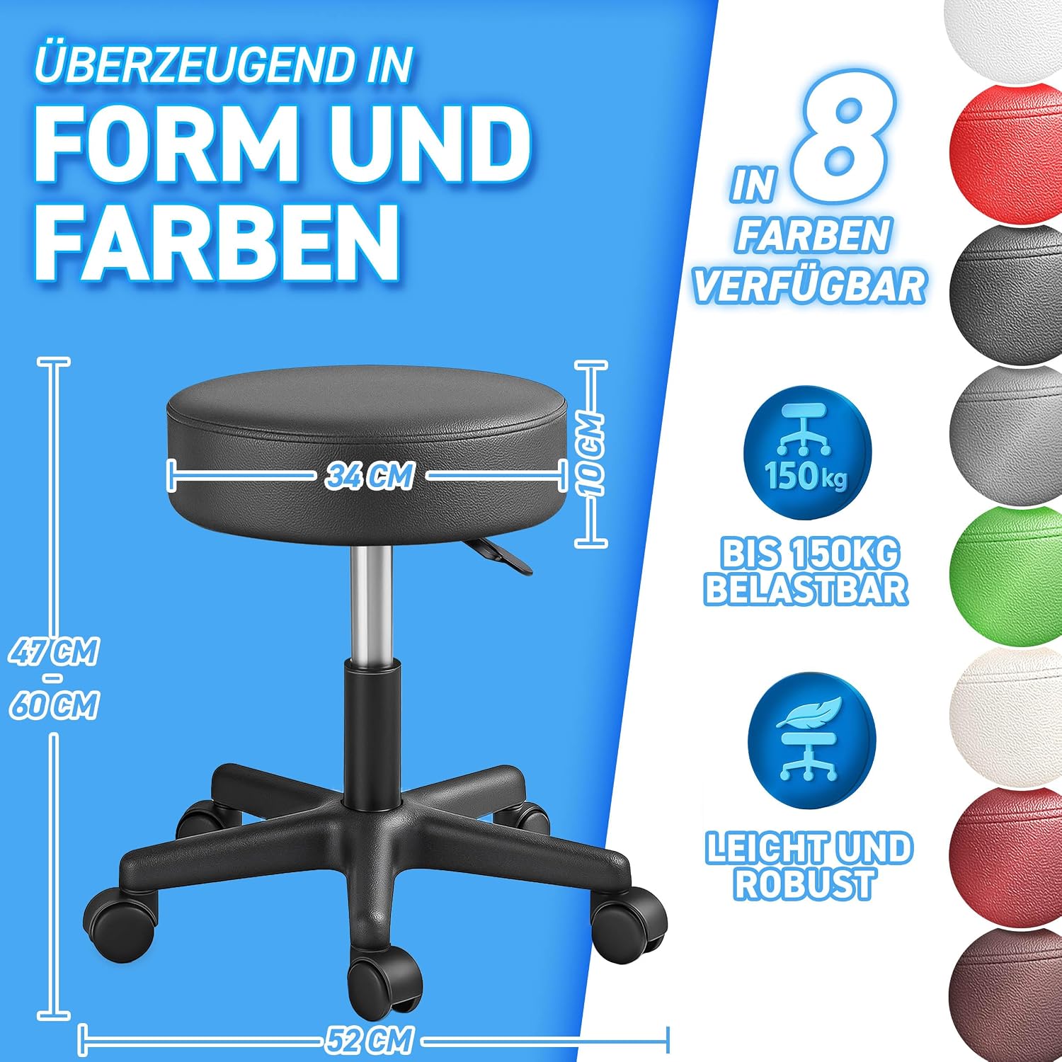 Detalle de TRESKO Rollhocker höhenverstellbar 47-60 cm