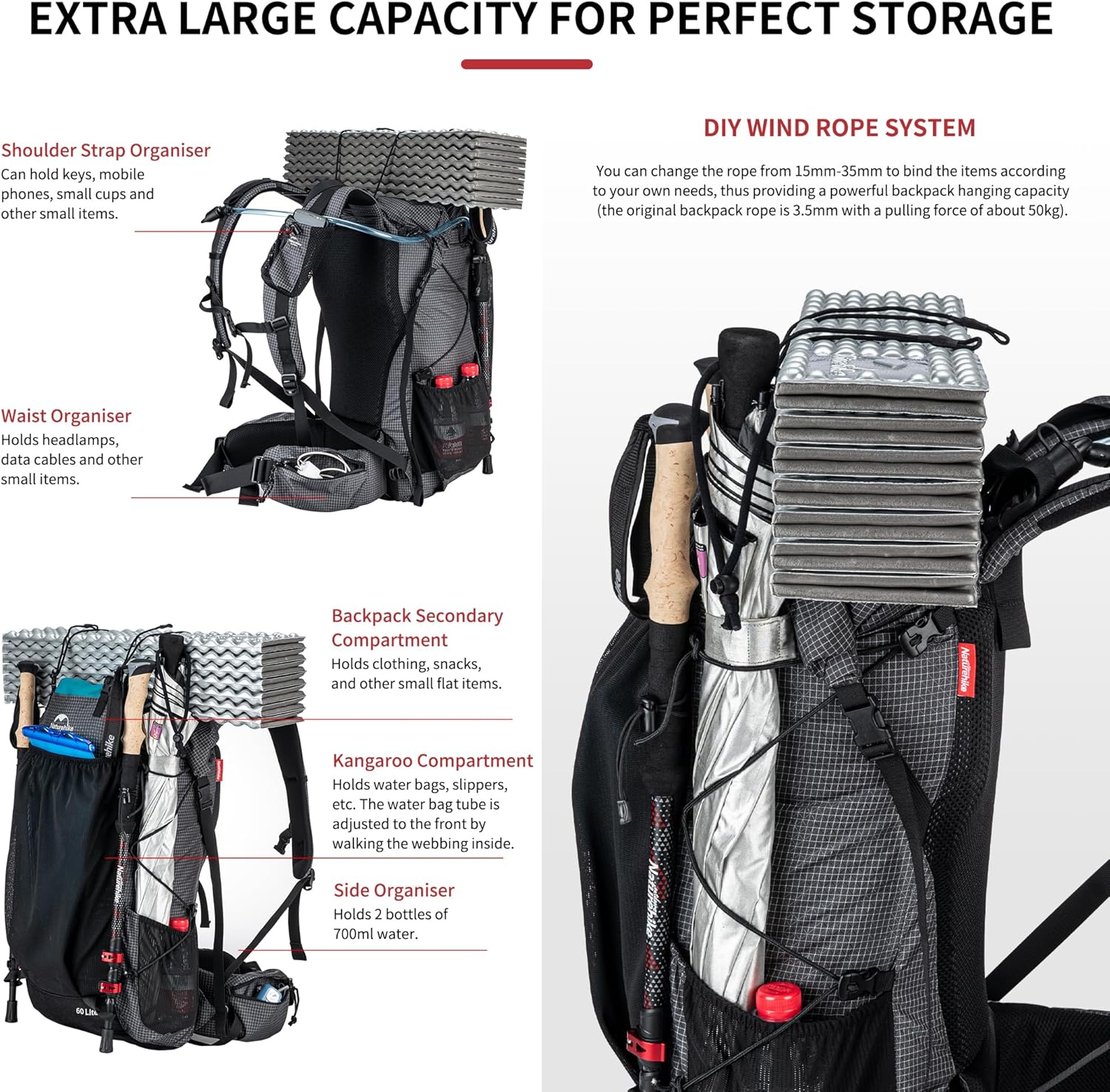 Thumbnail 3 de Naturehike Rocher sac à dos de randonnée à armature interne 20/45/65 L