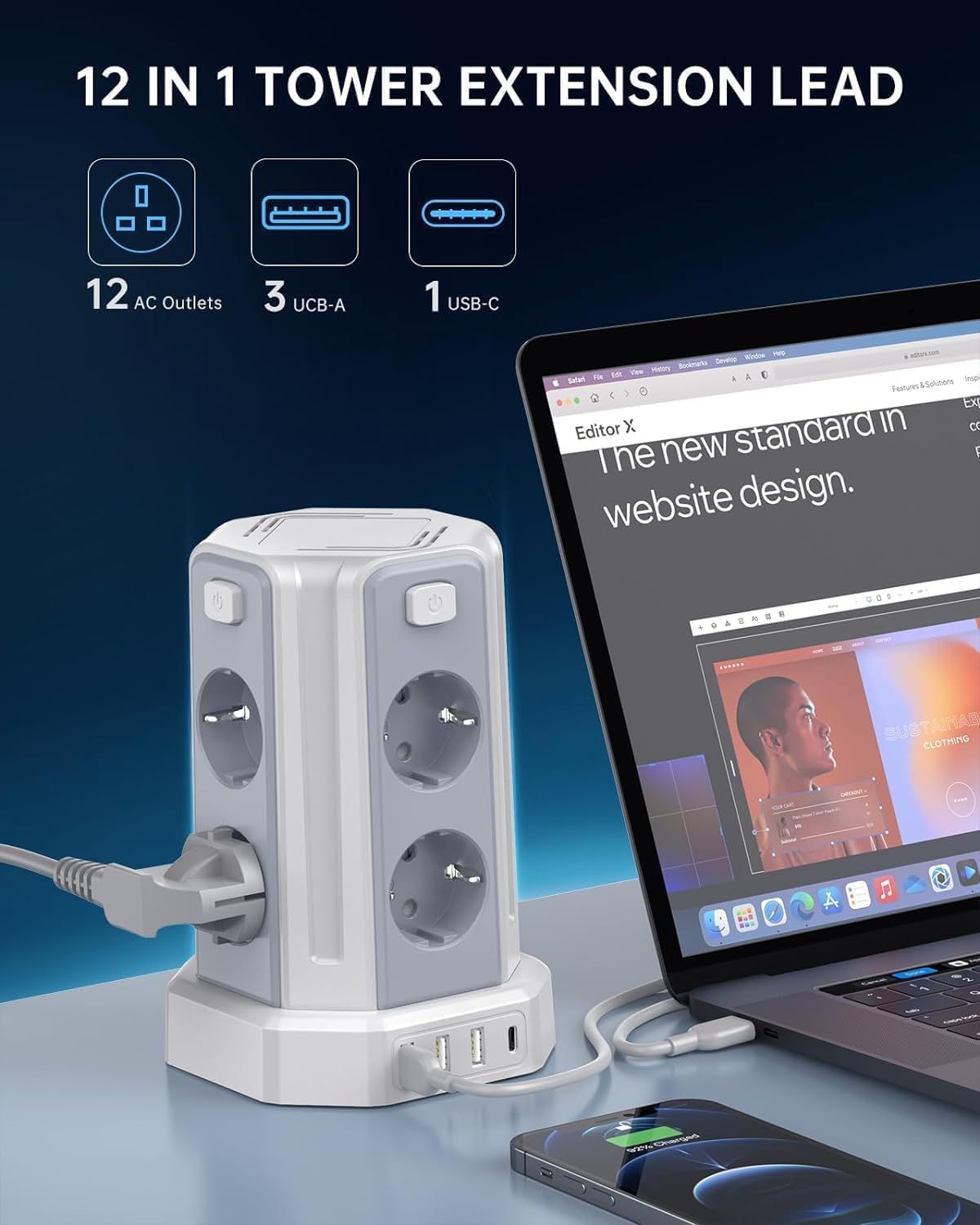 Thumbnail 2 de Steckdosenleiste mit 4 USB, 8-fach Überspannungsschutz – 2 m Verlängerungskabel, kompakter Steckdosenturm für Büro und Zuhause