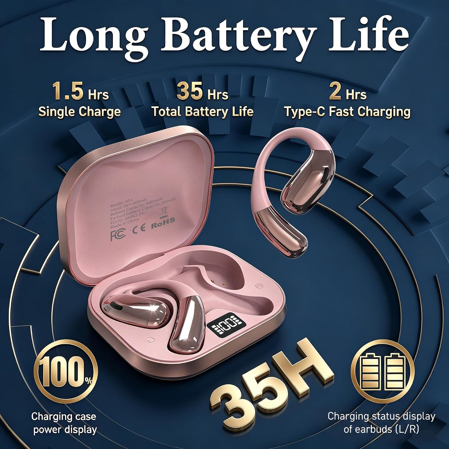 Detalle 2 de Tuemvia FWC-LYEJ-R Open-Ear Headphones, Rose Gold, 35-Hour Playtime