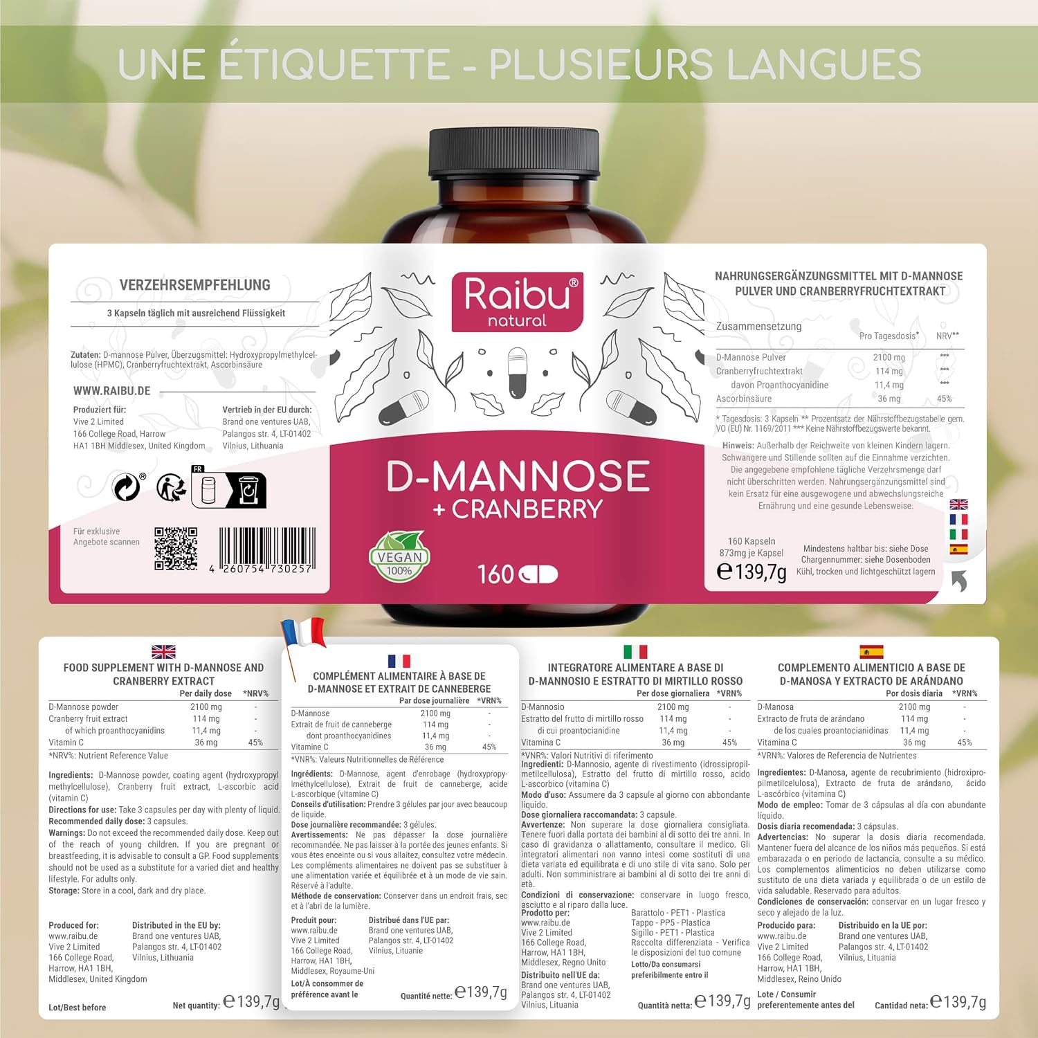 Thumbnail 2 de D-Mannose Raibu Pur 2100 mg par Dose Quotidienne Fortement Dosée – Végan, Canneberge et Vitamine C, 160 gélules