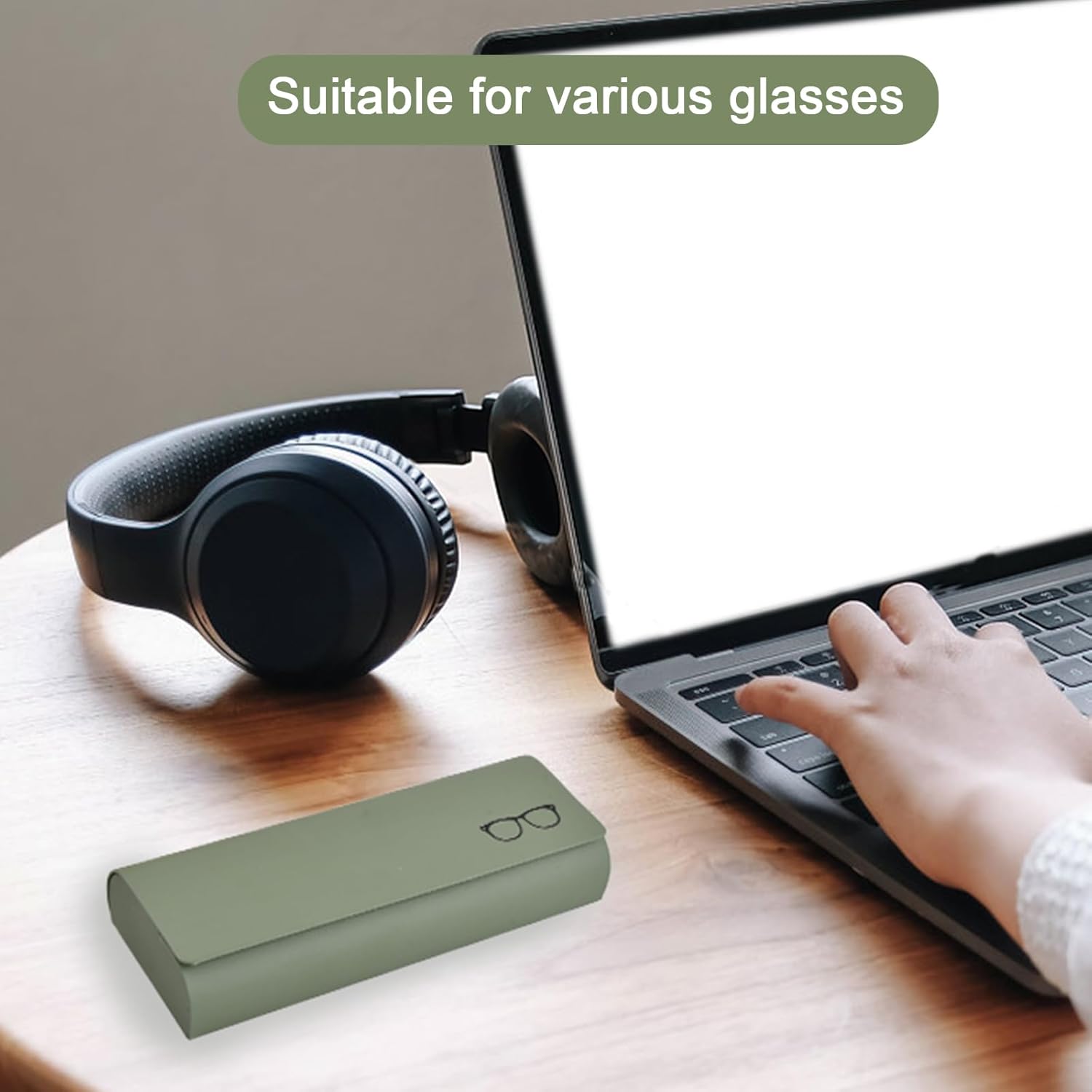 Detalle de Aohyue Étui Lunettes en Cuir PU Vert – Boîte à Lunette Magnétique Rigide