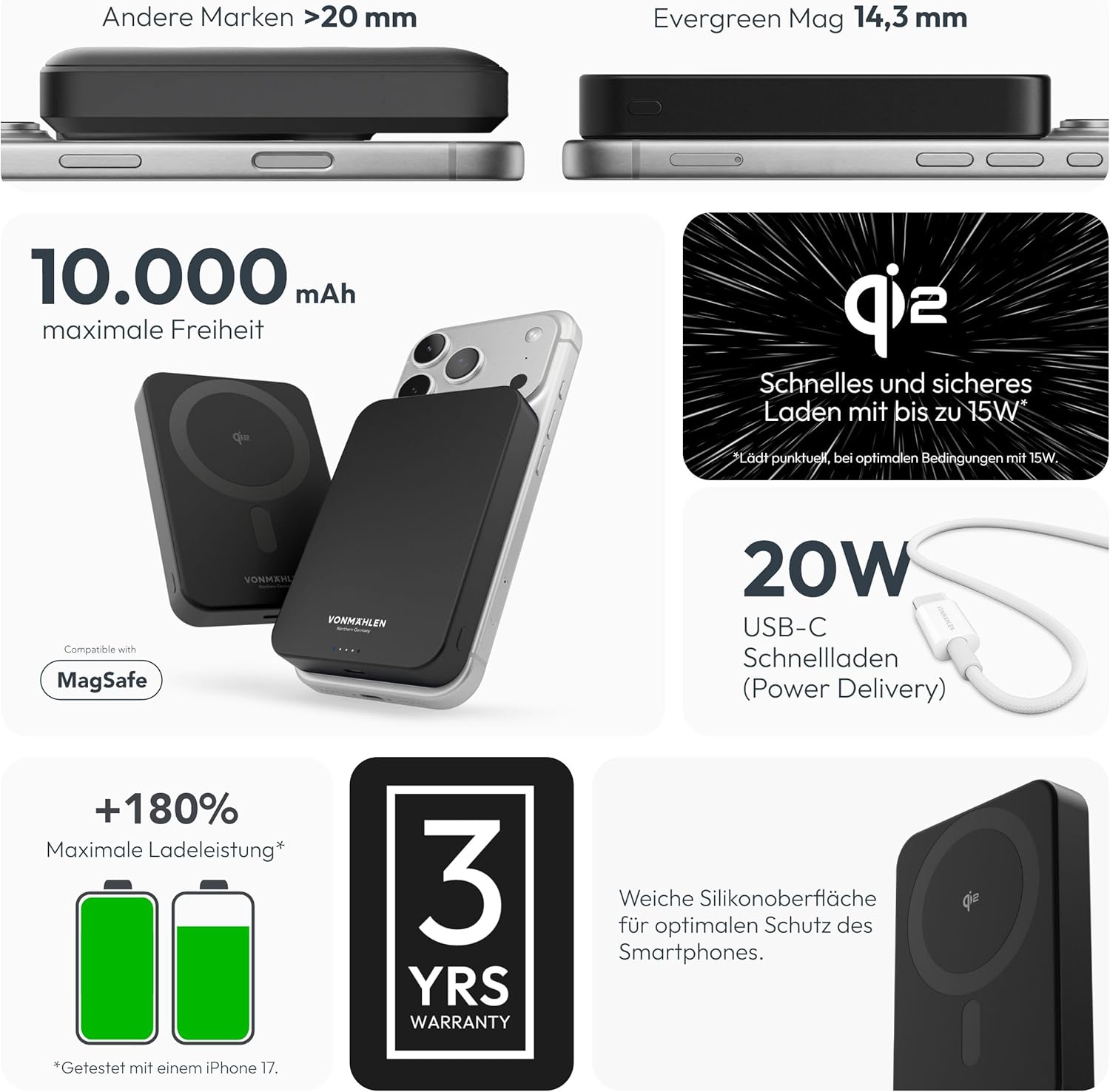 Thumbnail 3 de VONMÄHLEN Evergreen Mag 10000mAh Power Bank: ricarica wireless 15 W, MagSafe e PD 20 W, spessore 14,3 mm