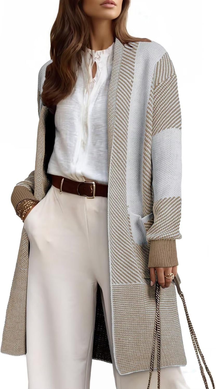 Detalle 2 de Astylish Women's Long-Sleeve Knit Cardigan with Pockets, Oversized Colour-Block Design