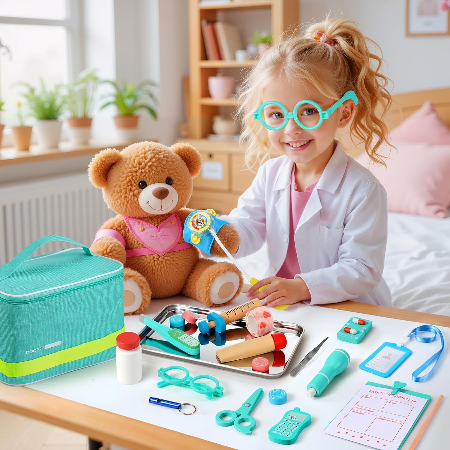 Thumbnail 6 de Perbabe Mallette Docteur en Bois avec Véritable Stéthoscope et Kit Médical Complet – 32 Pièces pour Enfants 3–6 ans