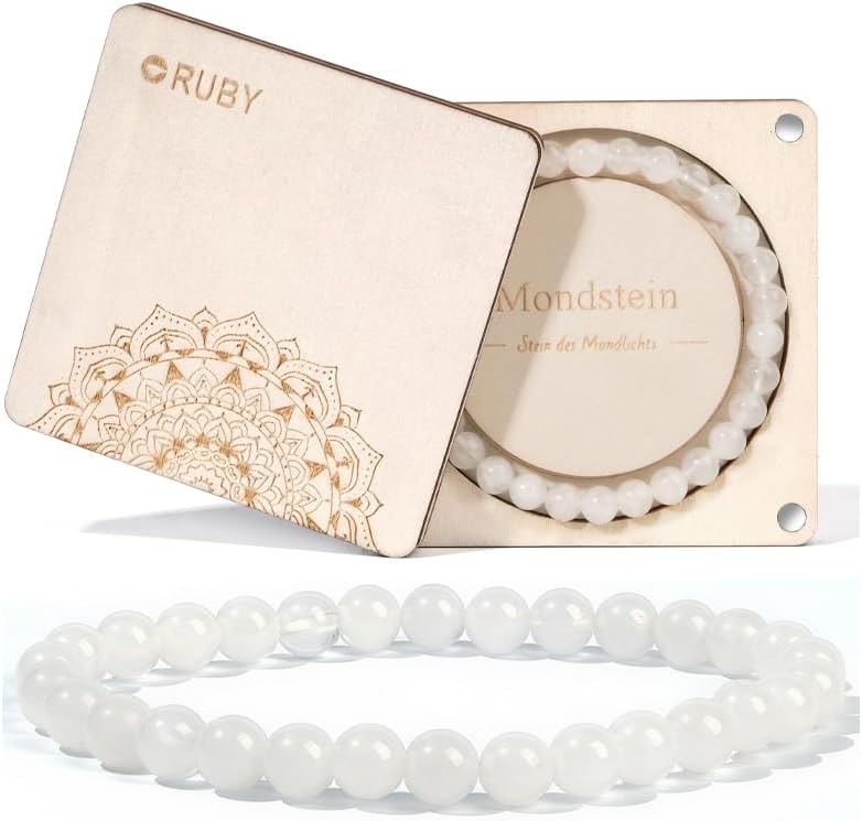 Detalle de RUBY 6mm Heilstein Armband für Damen – Mondsteinhandwerk, mit Geschenkbox und Ersatzperlen