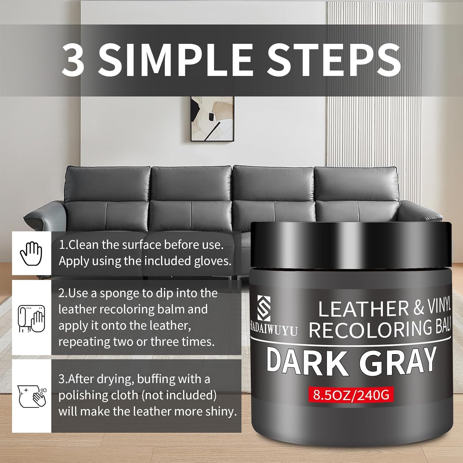 Thumbnail 3 de SHADAIWUYU Leather Recoloring Balm (8.5 oz) for Dark Gray Leather Repair & Color Restoration