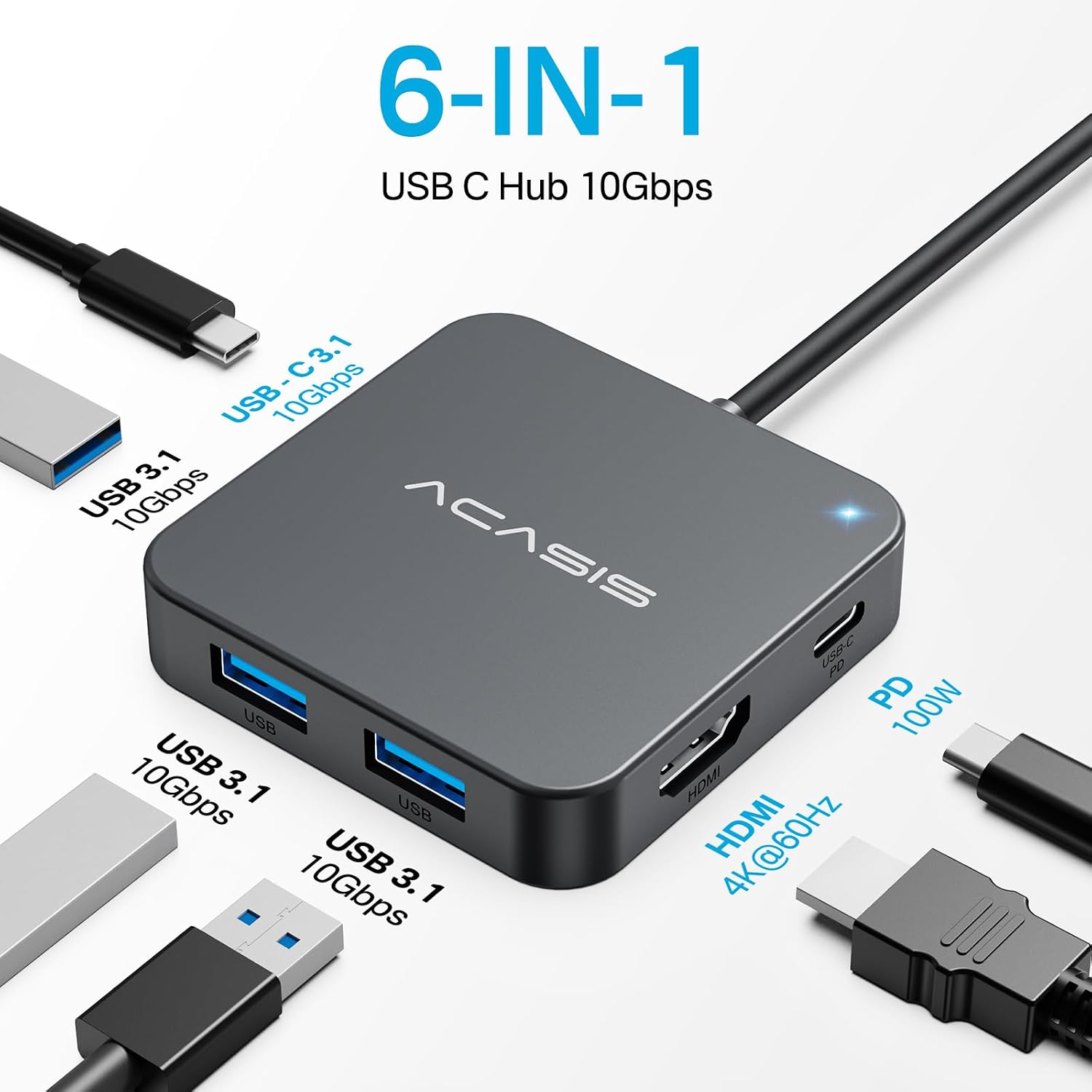 Detalle 2 de ACASIS HB0706GY 6-in-1 USB-C Hub, 4K 60Hz HDMI, 10Gbps, 100W PD