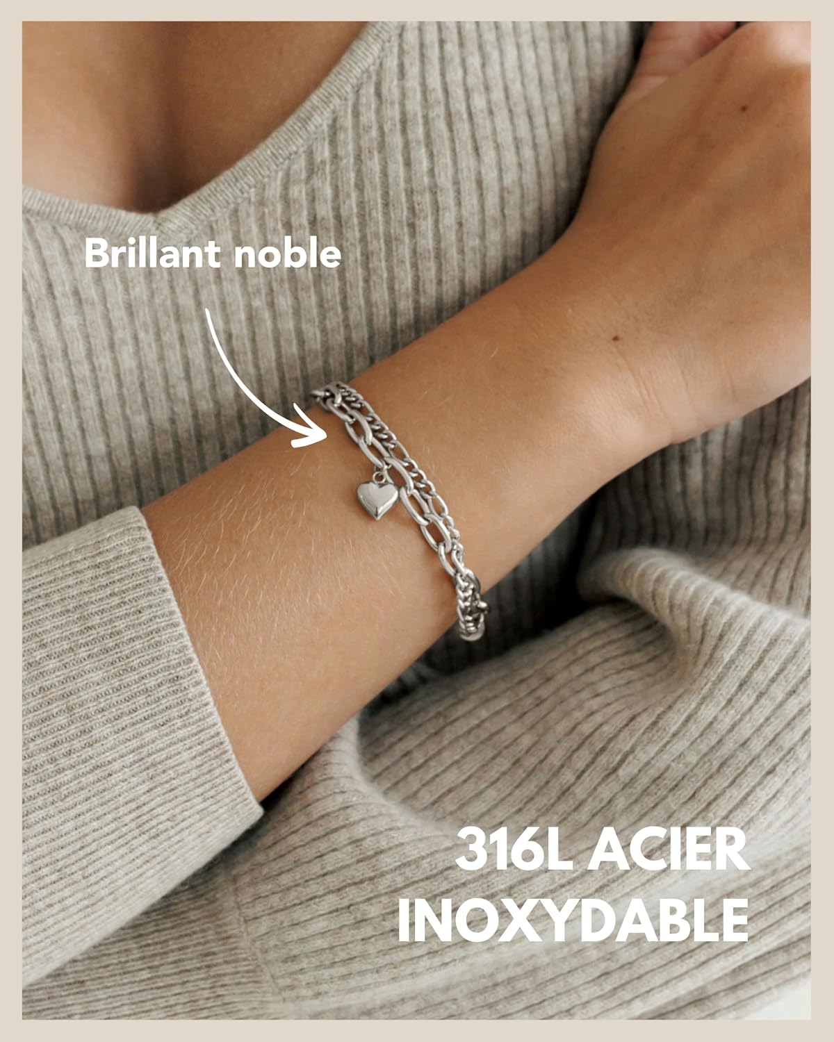 Detalle de GD GOOD.designs EST. 2015 Bracelet cœur pour femme – Bracelet charm multi‑colliers en acier avec plaquage 18K/or rose/argent, ajustable