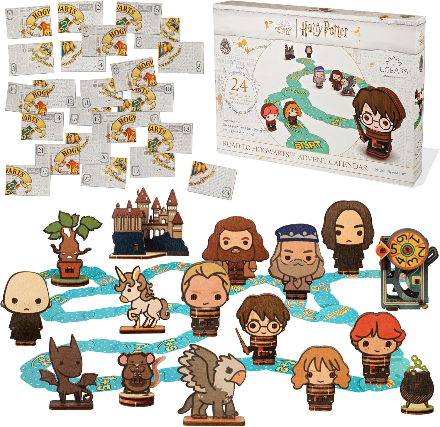 Detalle de UGEARS Harry Potter Calendrier de l'Avent 2025 – Road to Hogwarts, Puzzle 3D en Bois avec 16 Figurines et 60 Pièces