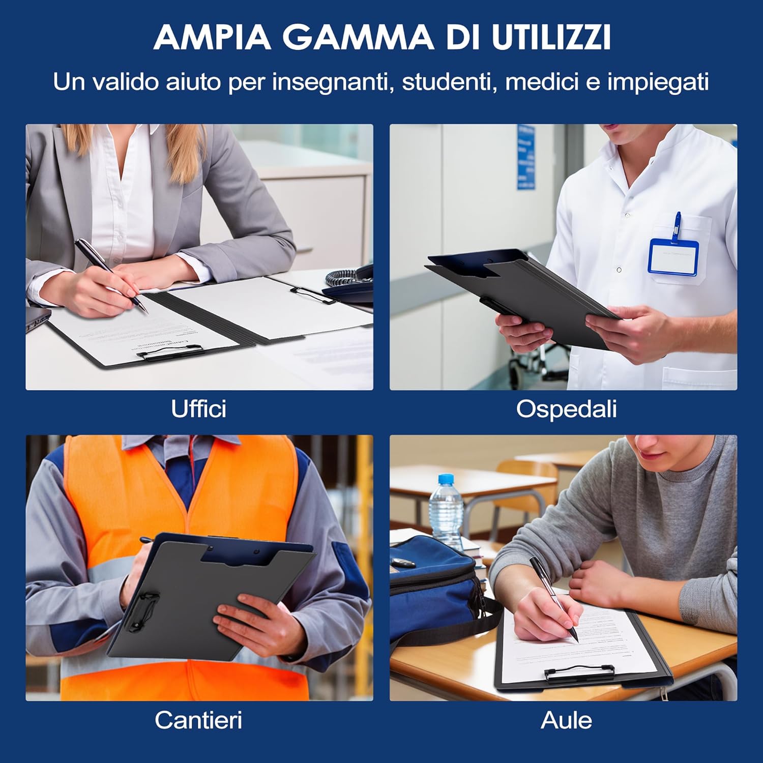 Detalle de Portablocco A4, Cartellina Portadocumenti con Doppia Clip in Plastica – Blu