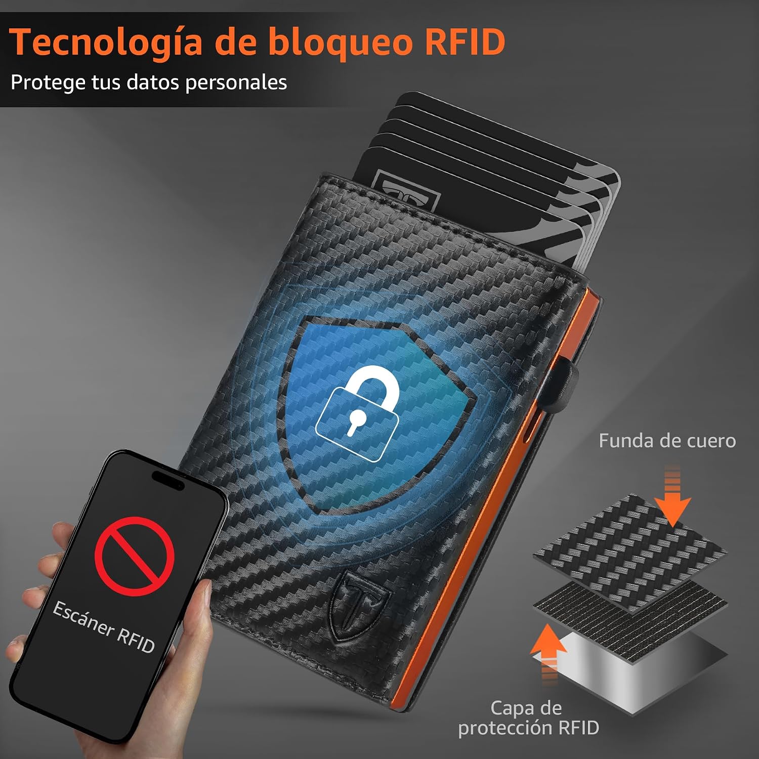 Detalle de TEEHON Carteras para Hombre con bloqueo RFID magnético y tarjetero de fibra de carbono (con monedero y ventana para ID)