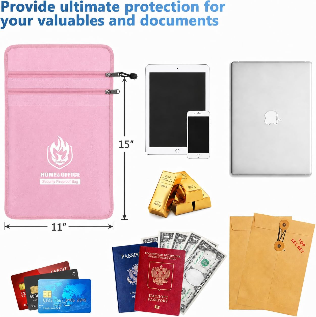 Detalle de Andyer FDB001 Fireproof Document Bag, 2 Pockets, 15" x 11", 2000°F
