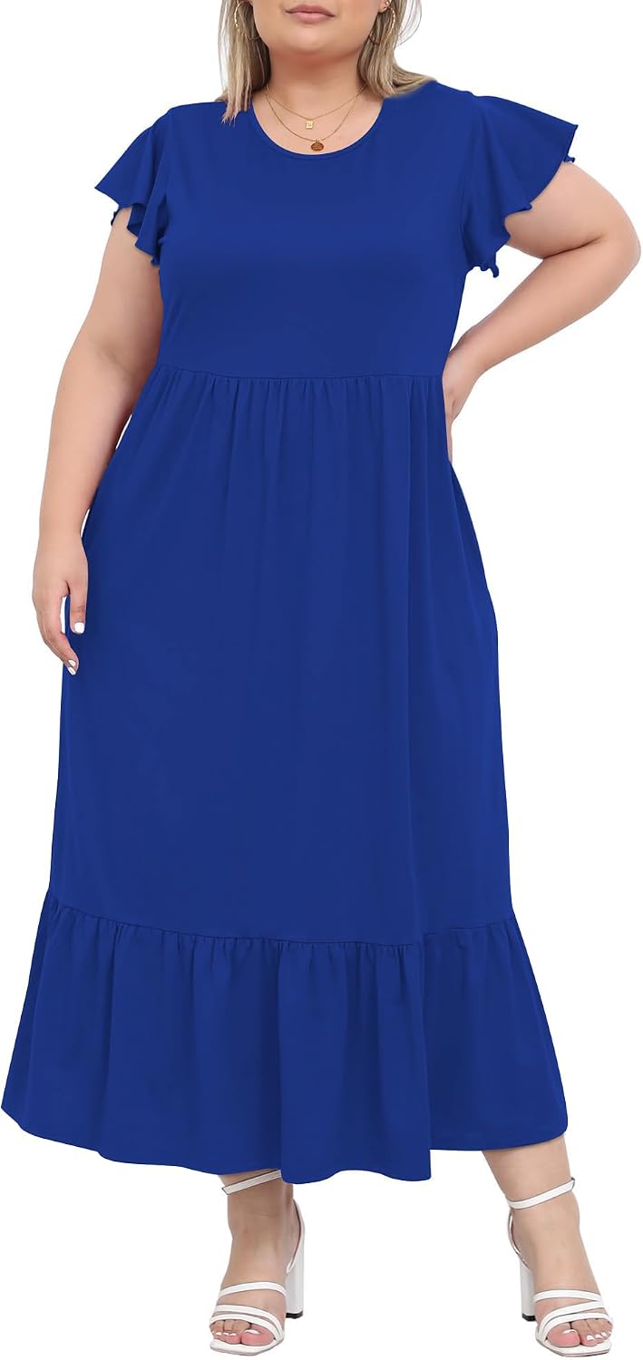 Detalle de Moon Wood Robe d'été Femme Grande Taille - Longue Bohème à Manches Courtes avec Poches