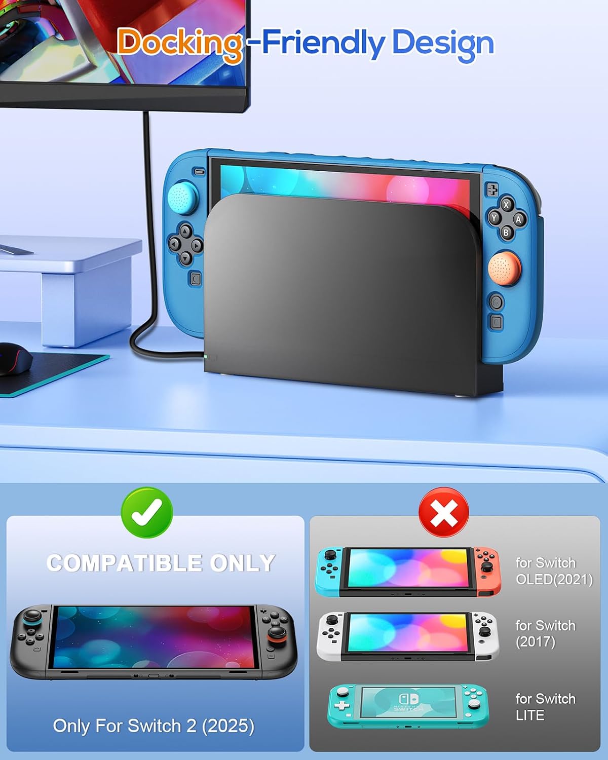 Detalle de FYOUNG Protective Case for Nintendo Switch 2 2025 — Slim Hard Shell with Screen Protector and 8 Thumb Grips