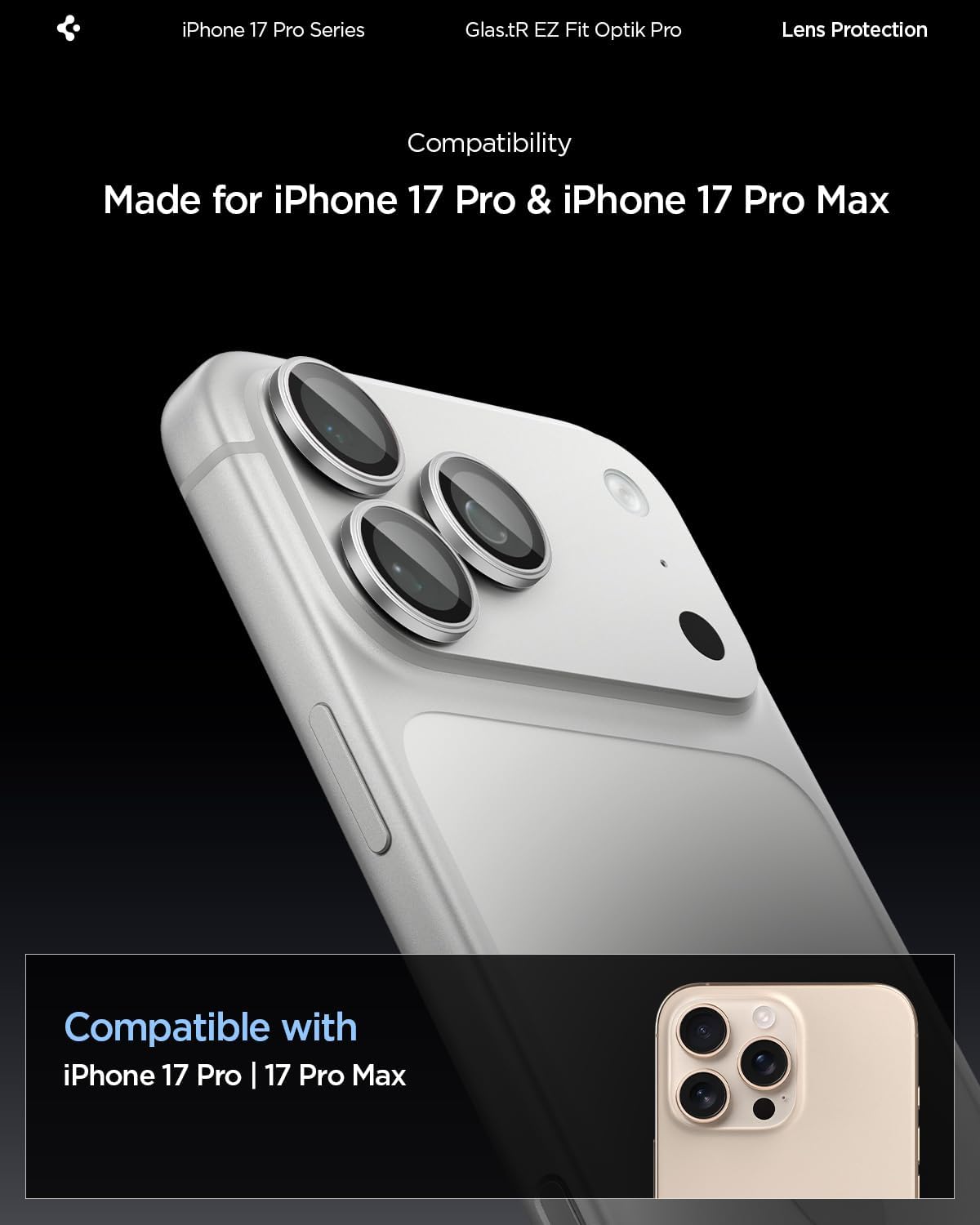 Detalle 2 de Spigen Glas.tR EZ Fit Optik Pro Protection caméra pour iPhone 17 Pro / 17 Pro Max (2 pièces) – argent