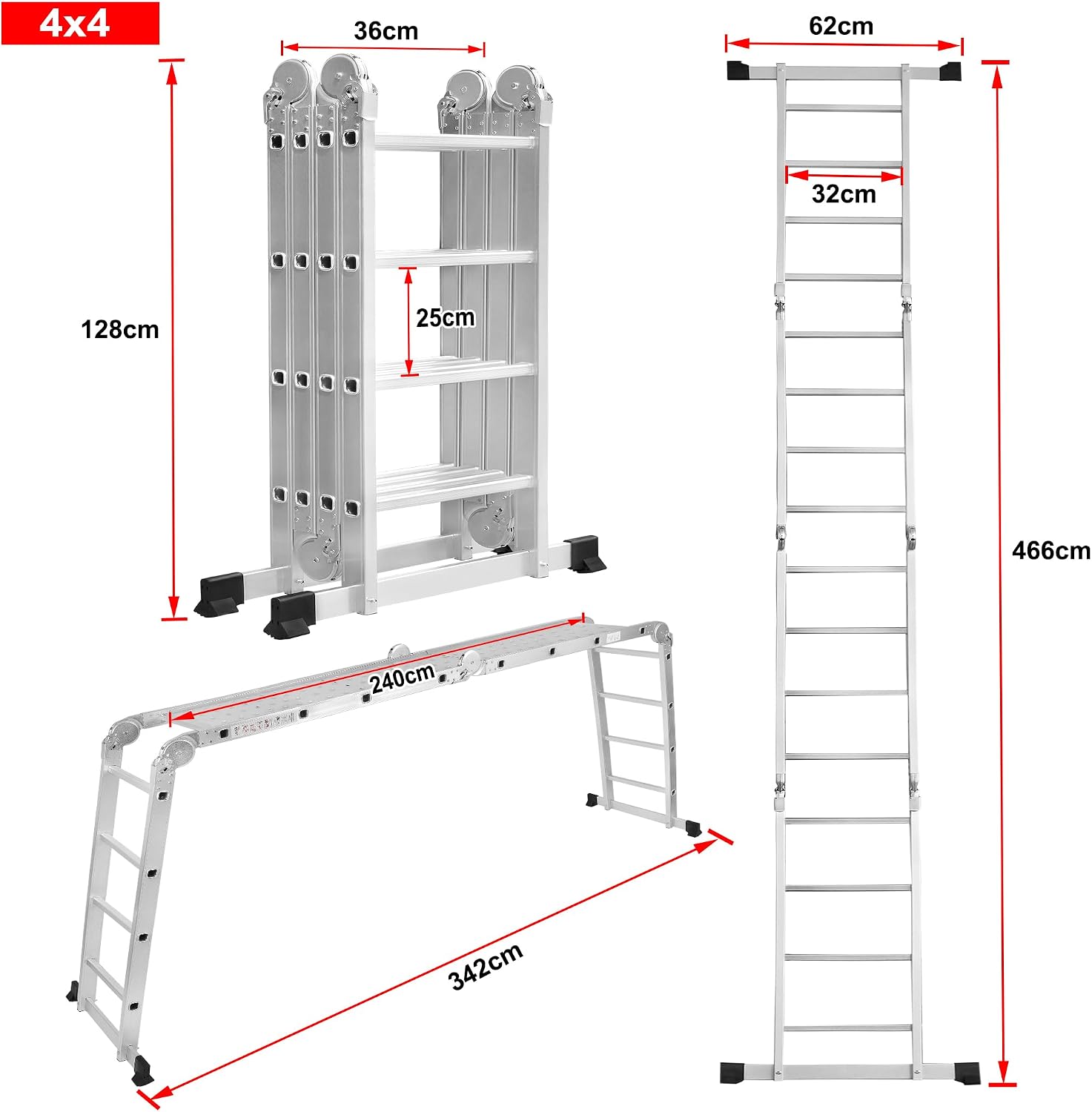 Detalle de LZQ MD-R107 4 x 4 Multi-Purpose Ladder, 470 cm, Aluminium, 6-in-1