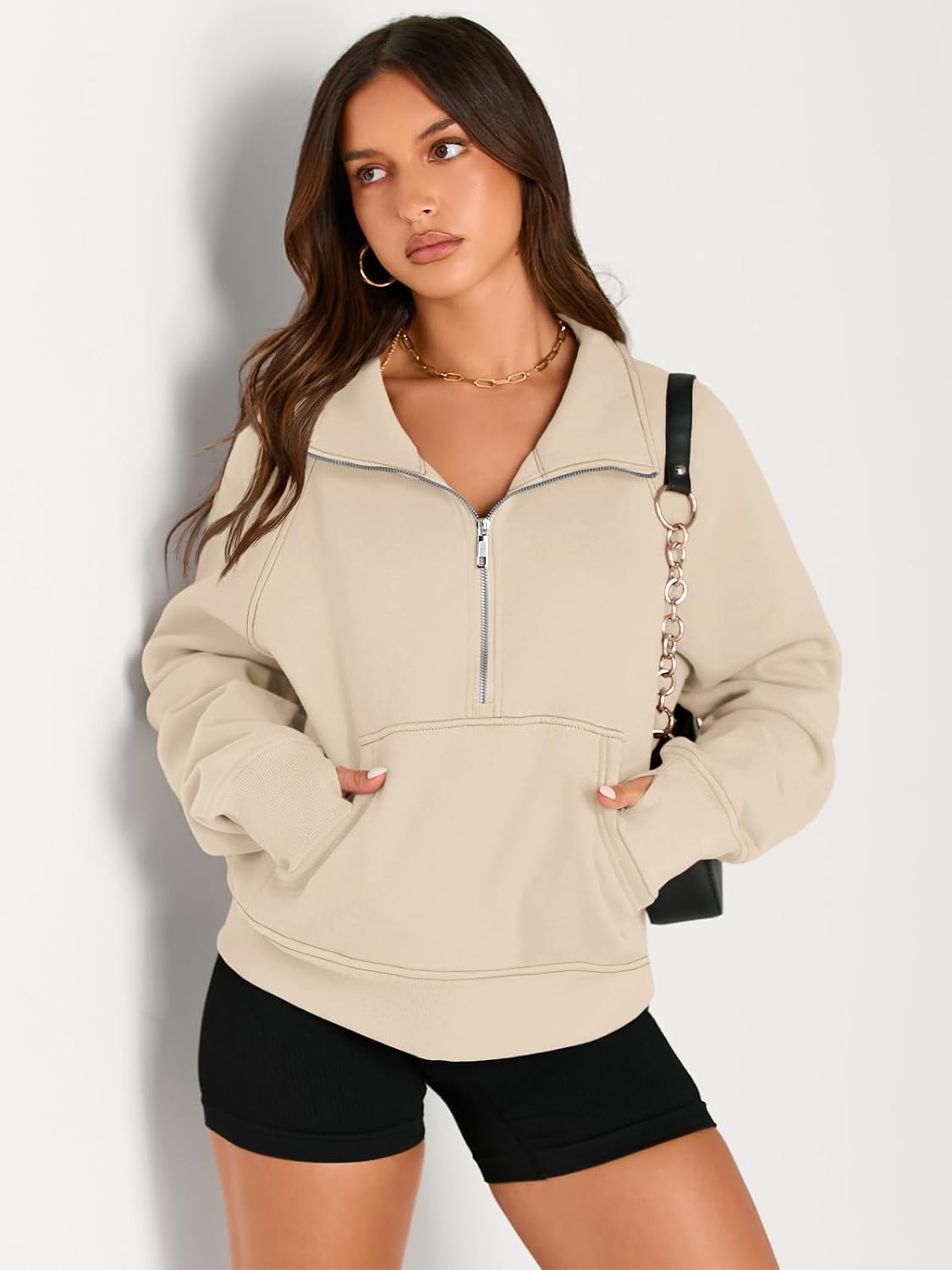 Detalle de AUTOMET Cropped Quarter-Zip Fleece Hoodie for Women