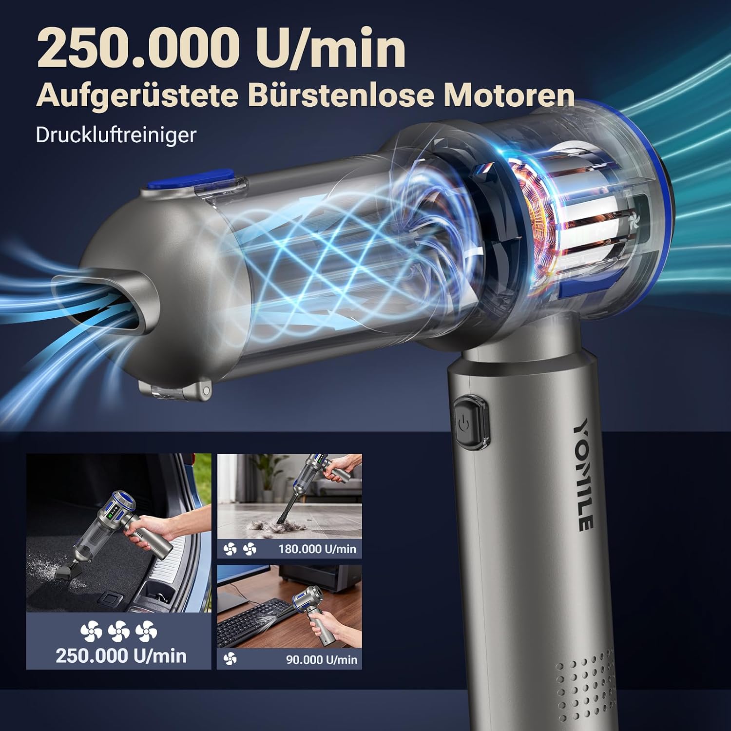 Thumbnail 1 de Yomile Aspirabriciole Senza Fili 4 in 1 AD10 (27000PA) per auto: aspirazione, soffiaggio e gonfiaggio
