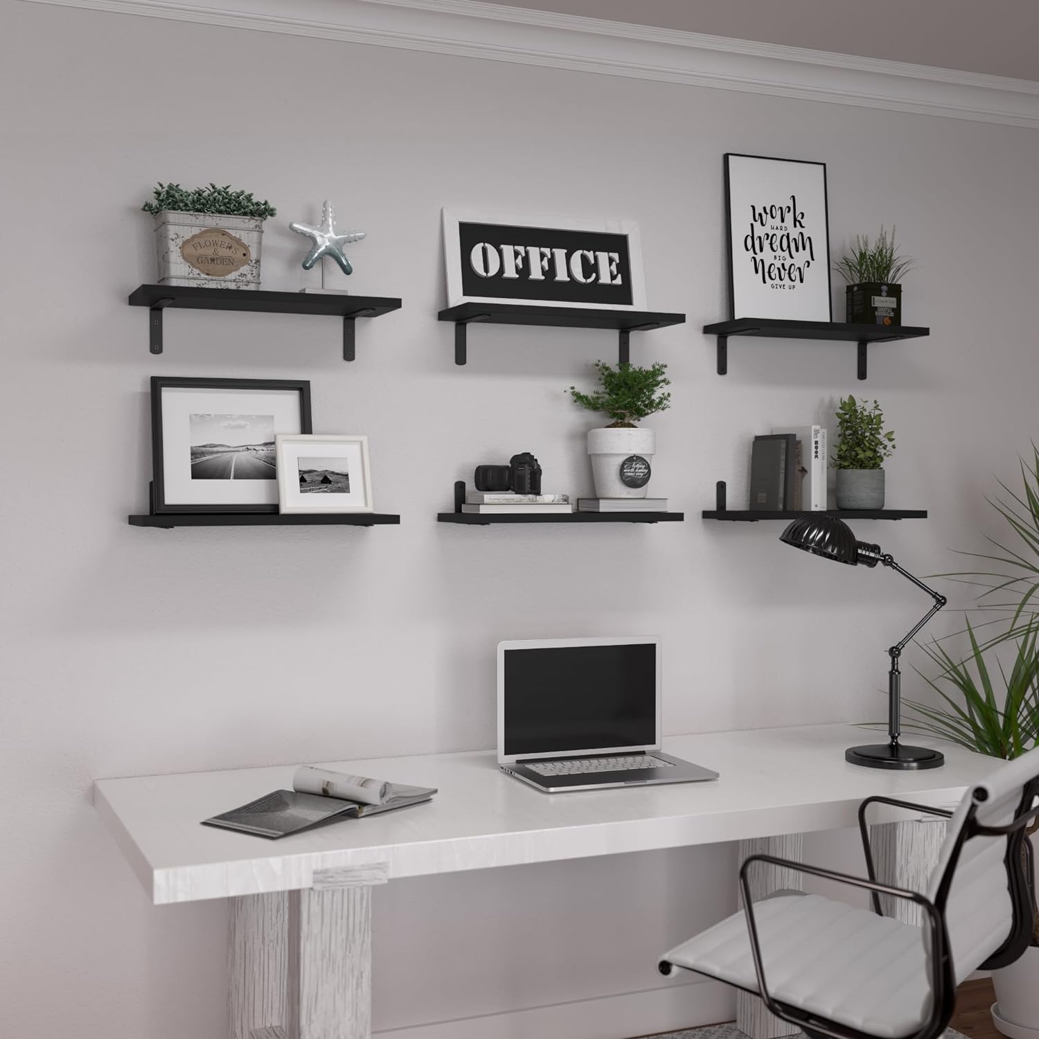 Thumbnail 6 de WOPITUES Wood Floating Shelves Set of 6 — Black, 16.5 x 6 x 0.6 in, Farmhouse Wall Storage
