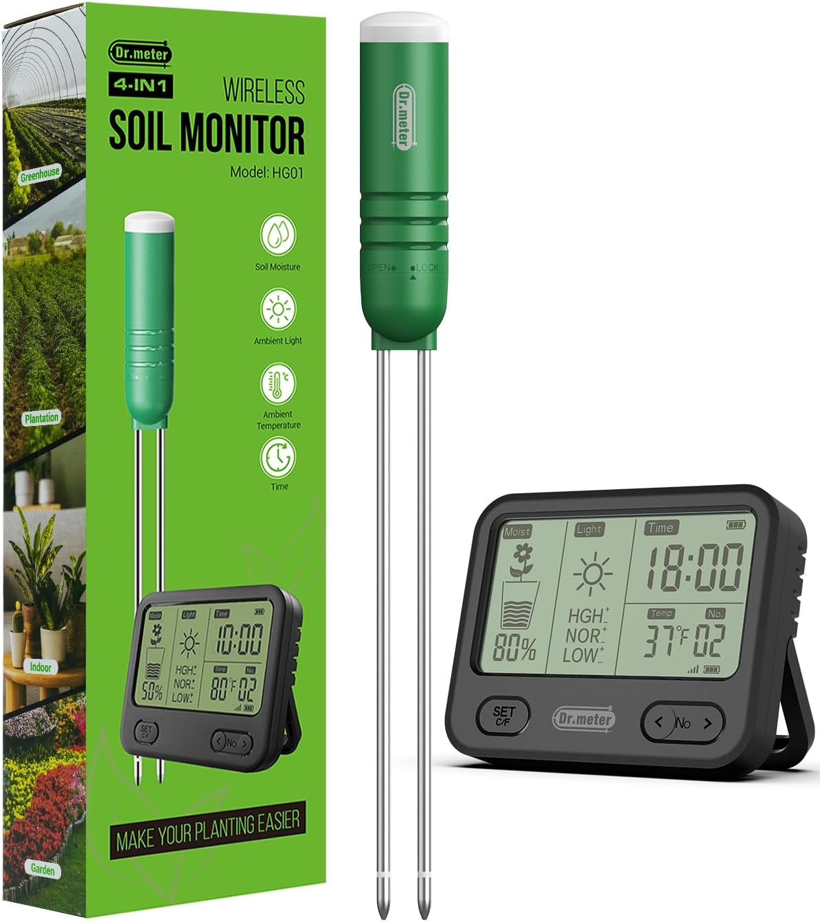 Detalle de Dr.meter 4-in-1 Soil Moisture Meter with 300ft Wireless Sensor – Practical Care for Indoor and Outdoor Plants