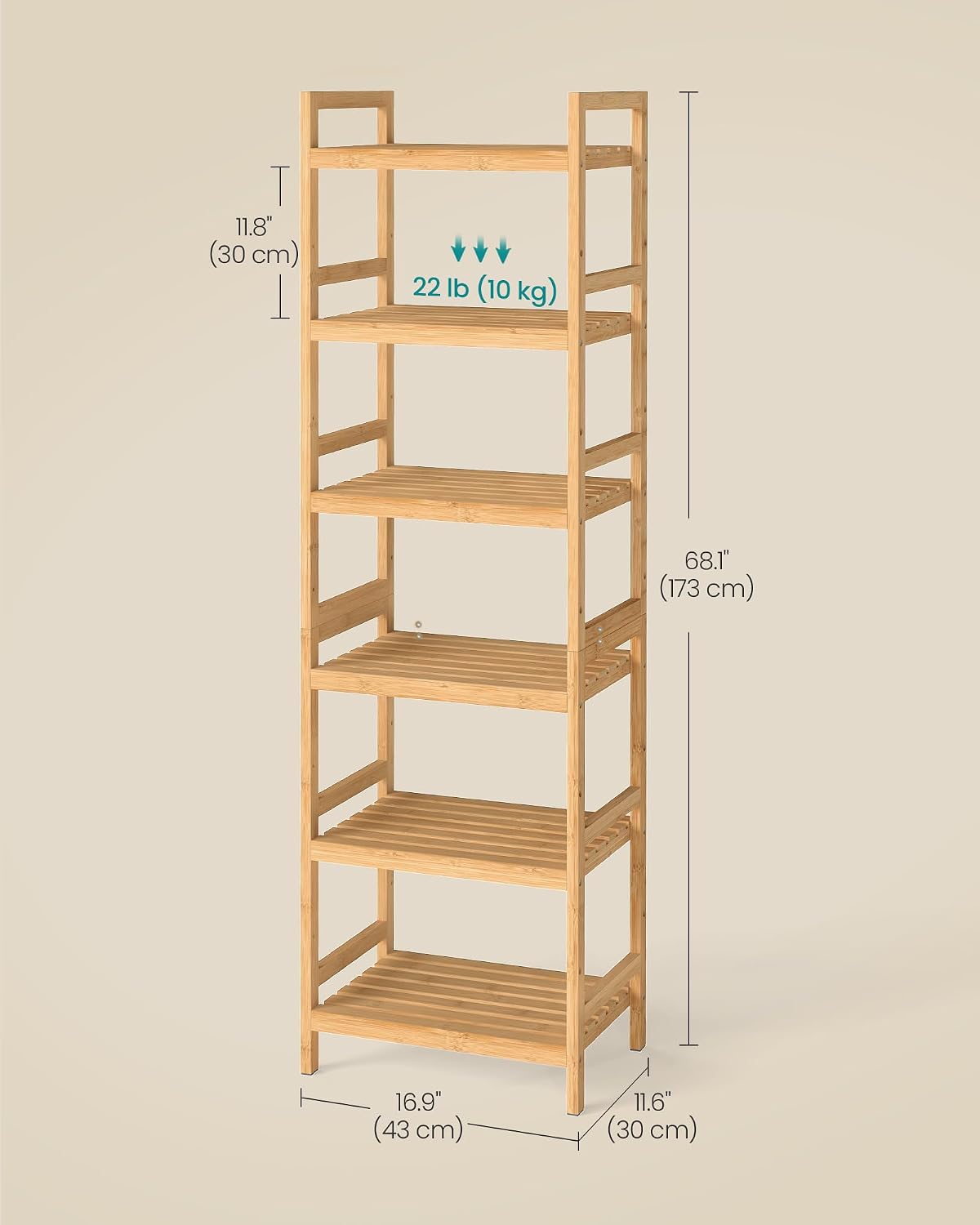 Thumbnail 2 de SONGMICS Bamboo Storage Shelf 6-Tier 30 x 43 x 173 cm – Natural Beige
