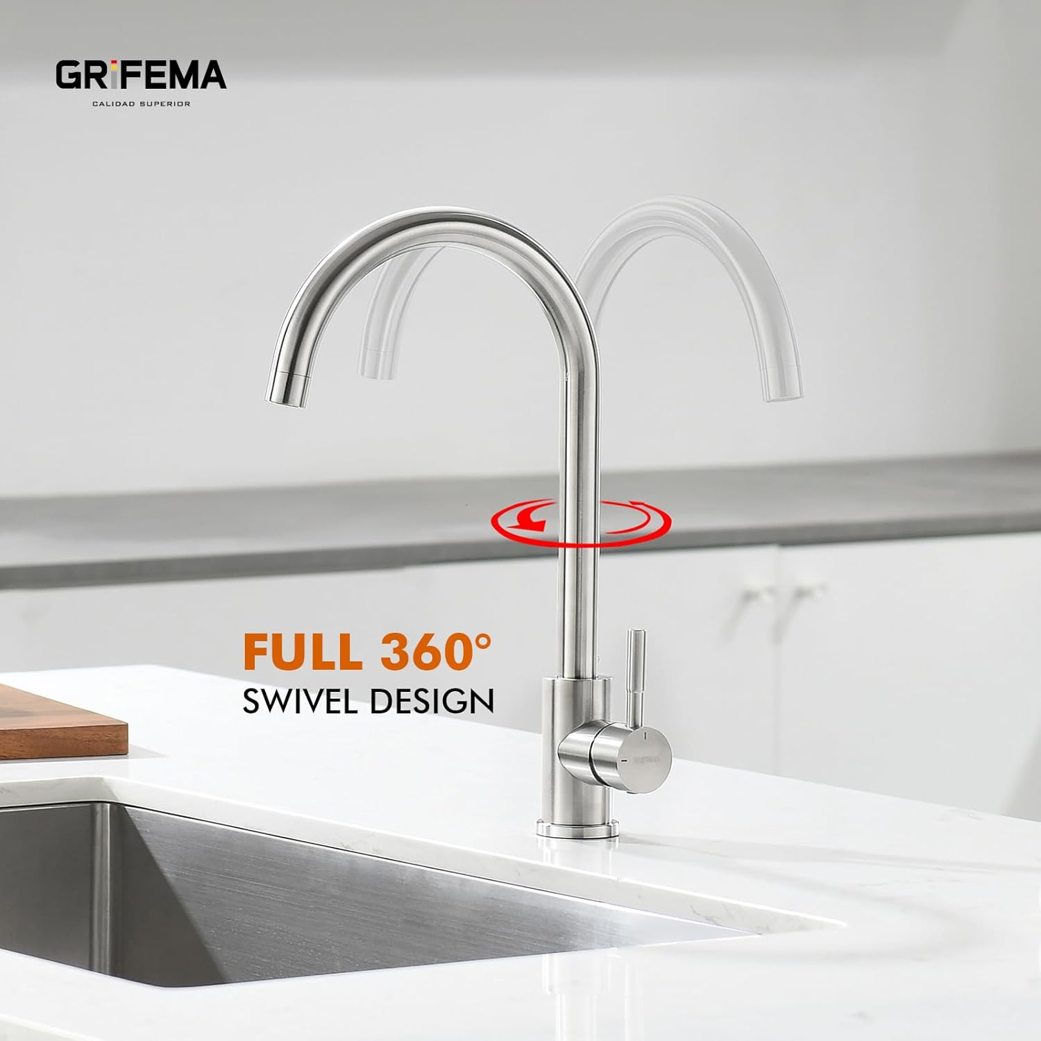 Thumbnail 5 de GRIFEMA G4008 Kitchen Sink Tap Mixer with Single Lever and High Arc 360° Swivel (Stainless Steel, Chrome finish, A+)