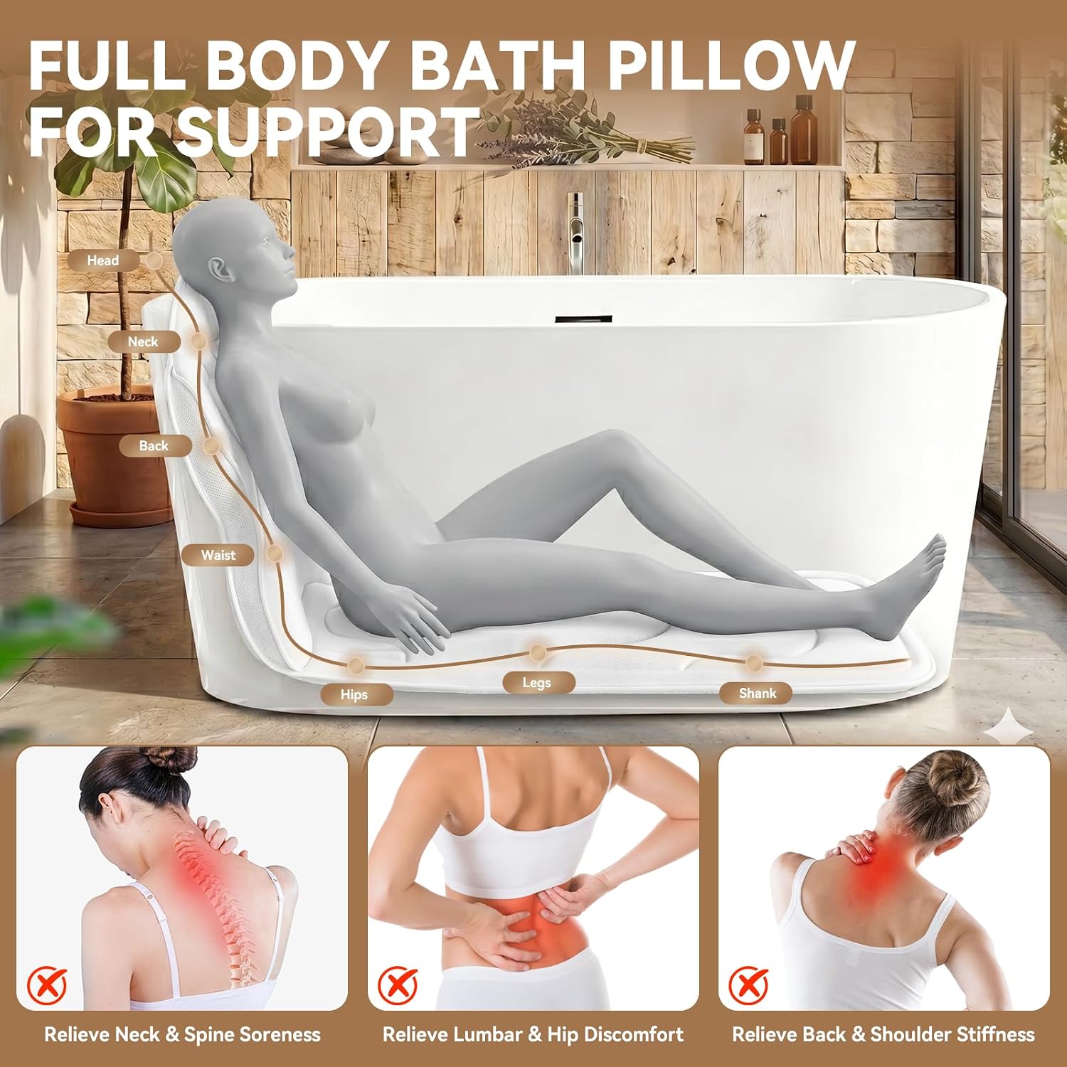 Detalle de Poemland Bath Pillow for Tub: Extra Thick Full-Body Cushion with 144 Suction Cups