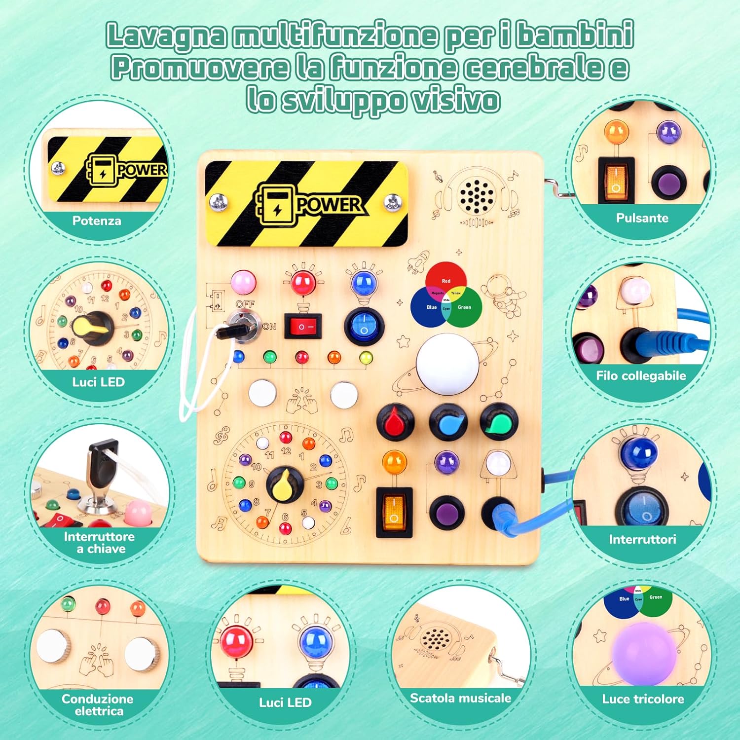 Thumbnail 1 de Giochi Montessori Busy Board in legno con 12 interruttori e 24 luci LED (carillon rotante e colori)