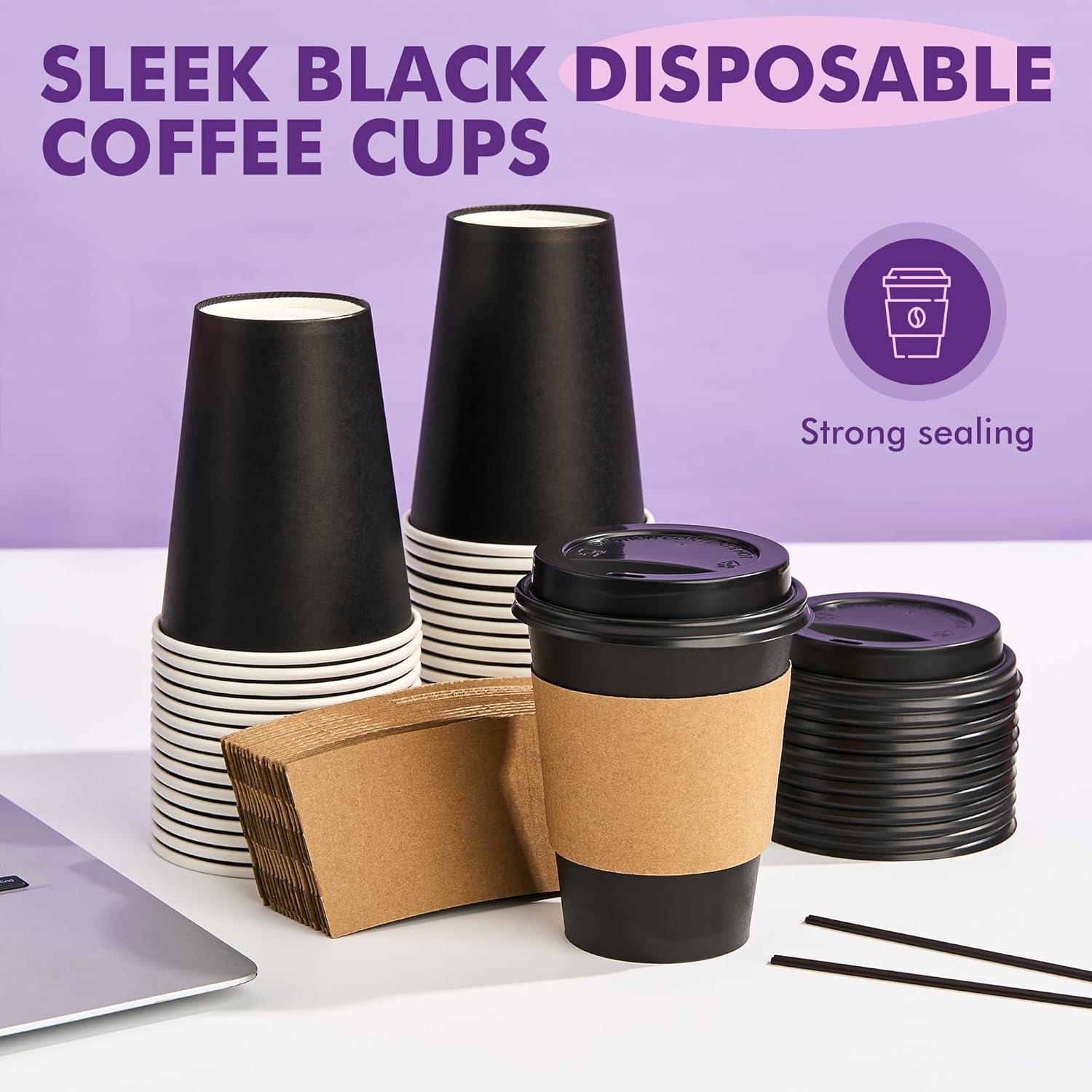 Detalle 2 de PACKINNO 12 oz 50 Count Black Disposable Cups with Lids, Sleeves, and Straws (All-in-One)