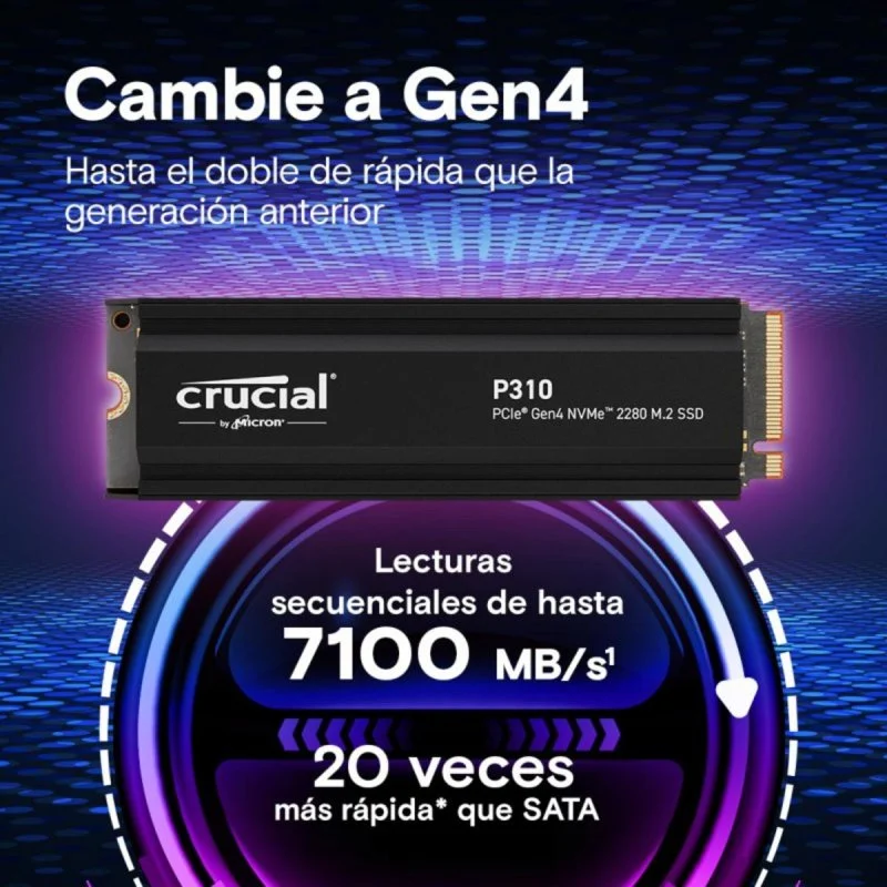 Detalle de Crucial P310 2TB M.2 Gen4 NVMe 7100 MB/s con disipador