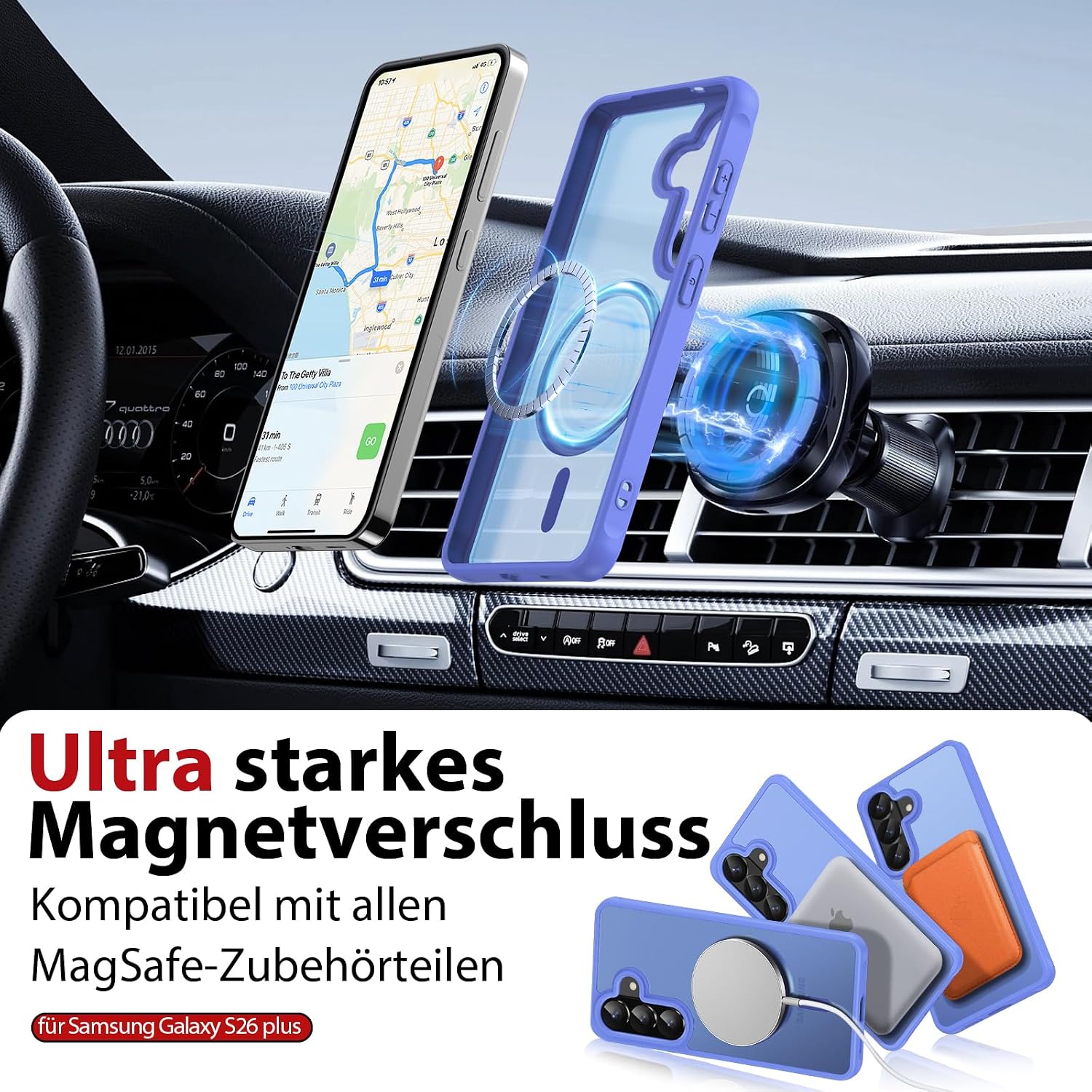 Detalle 2 de Dizn Magnetisch Slim-Hülle für Samsung Galaxy S26+ mit MagSafe, 2 Panzerglas-Folien, Linsenschutz & Handschlaufe – Himmelblau