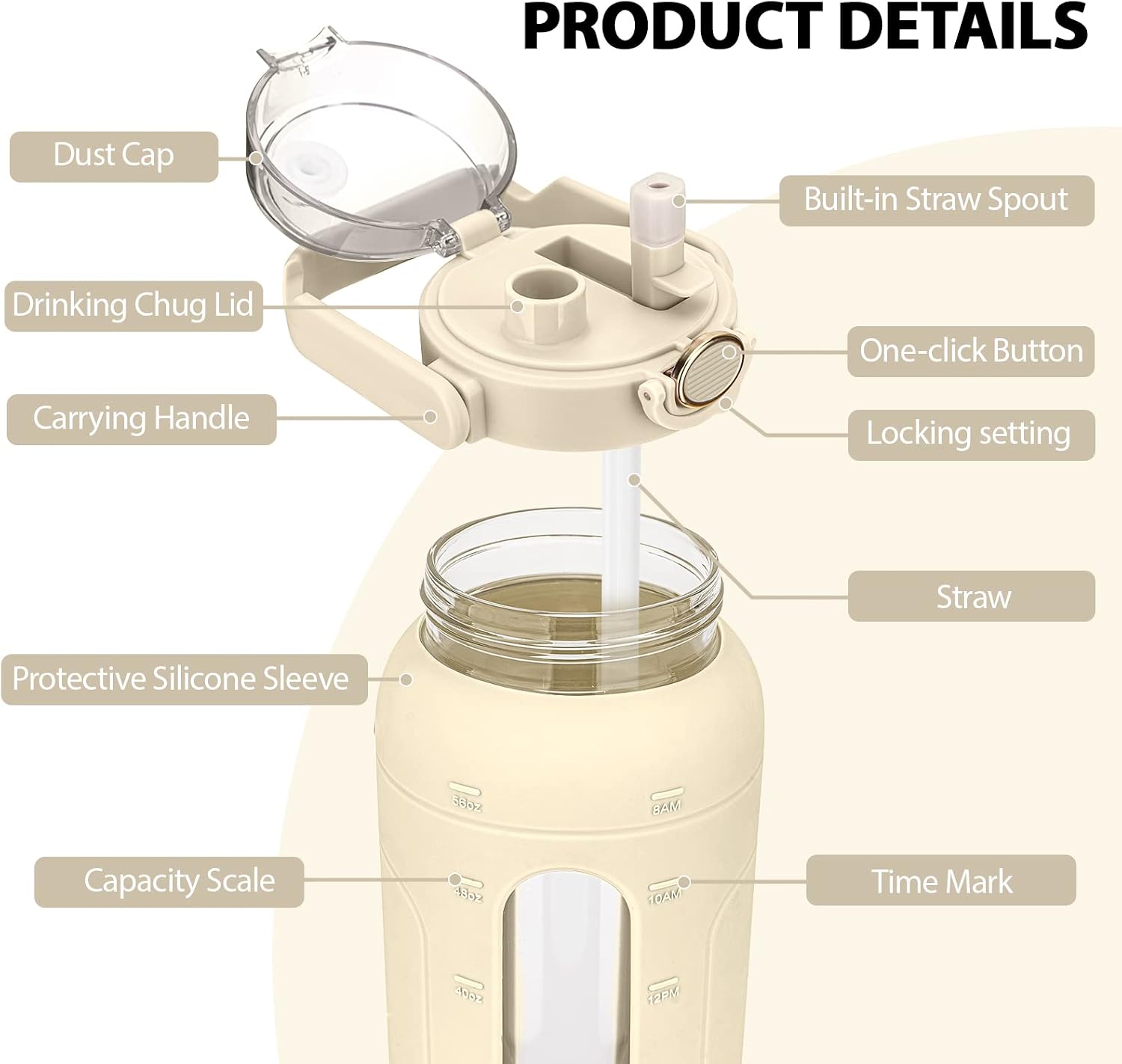 Detalle de Zukro 64 oz Glass Water Bottle with Straw, Time Markers and Beige Sleeve