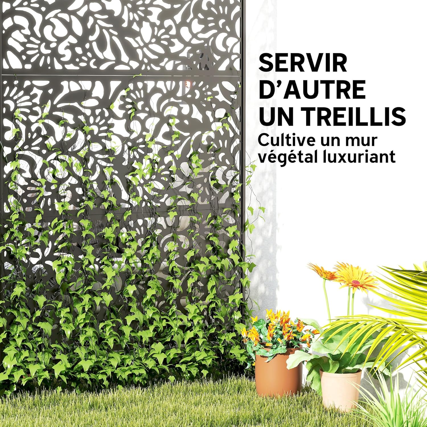 Thumbnail 3 de Outsunny Panneau Brise Vue décoratif Extérieur – Claustra Floral 3 Panneaux, Noir, 122 x 45 x 198 cm