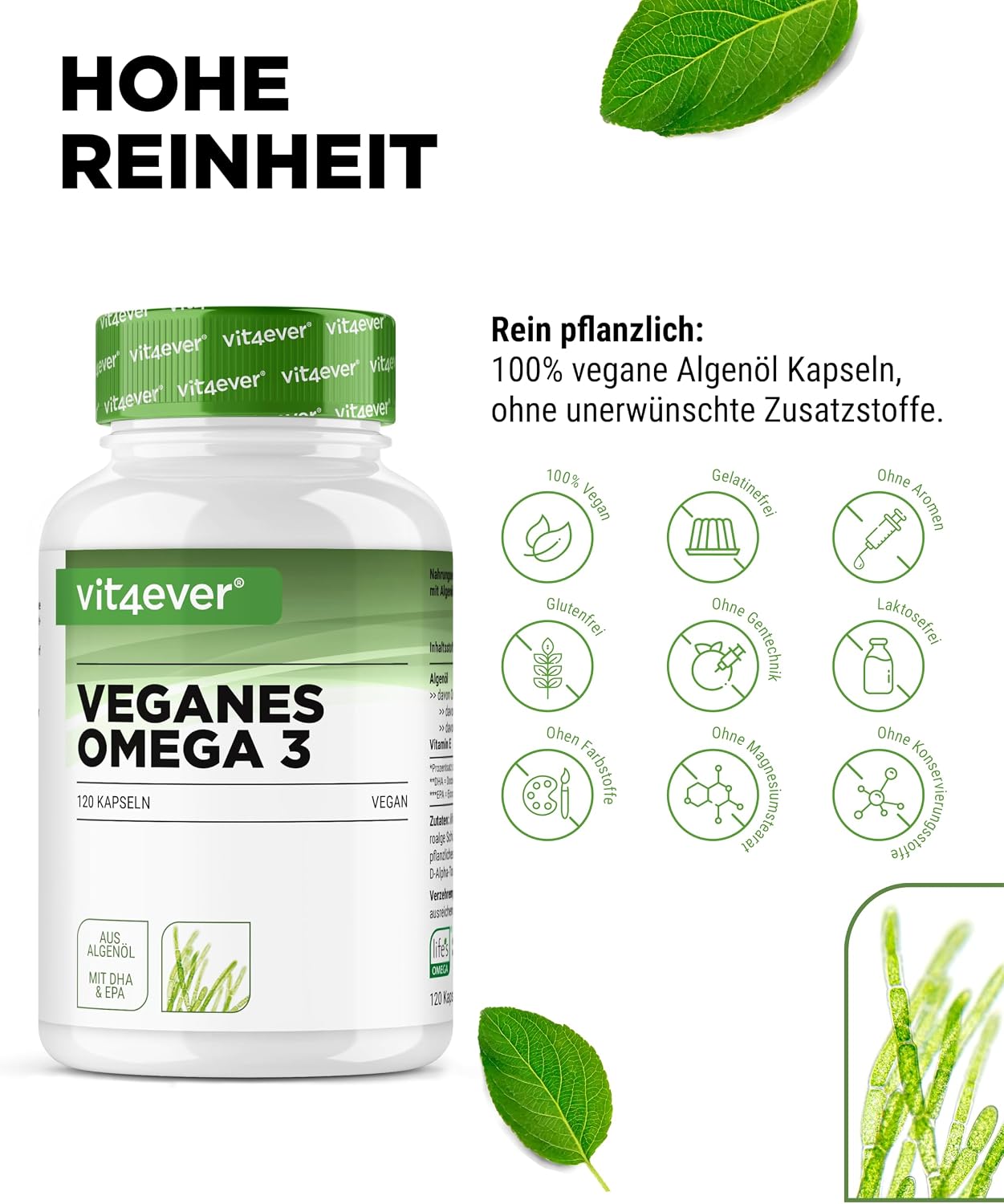 Detalle de vit4ever Omega 3 Vegan (Algenöl) – 120 Softgel Kapseln mit 450 mg DHA & 225 mg EPA