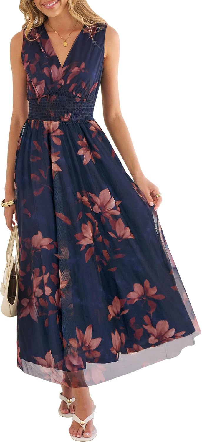 Detalle de ANRABESS Women’s Floral Summer Maxi Dress (V-Neck, Sleeveless, A-Line)