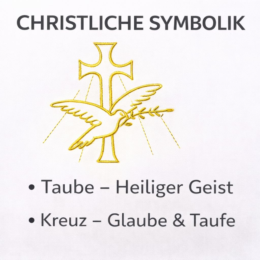 Detalle de Kerzentuch für Taufkerze aus weißem Satin mit Goldstickerei (Taube & Kreuz) – 34 × 34 cm