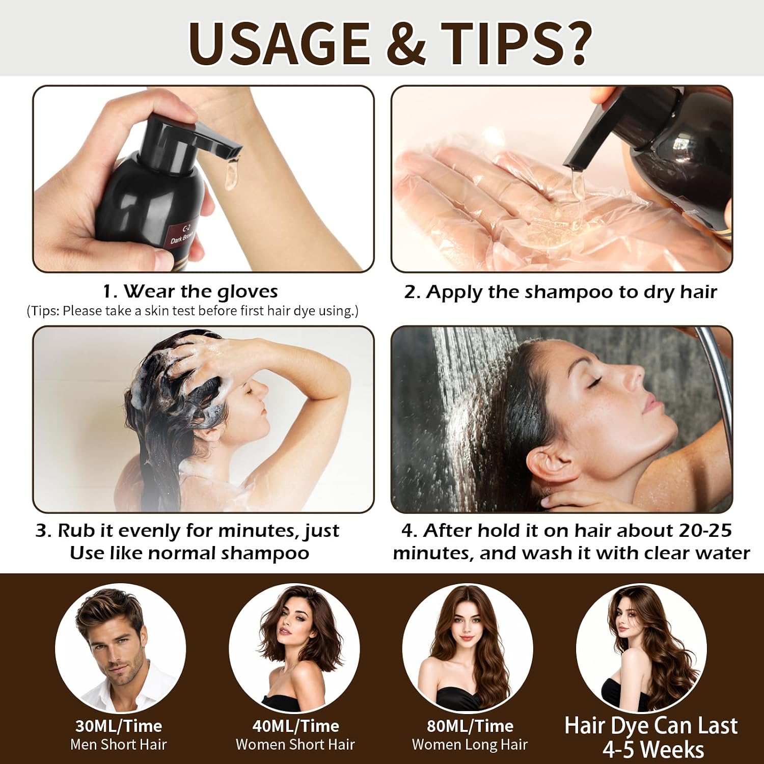 Detalle 2 de Dunkelbraun Haarfärbeshampoo 500 ml – 3in1 gegen graue Haare, für Männer und Frauen