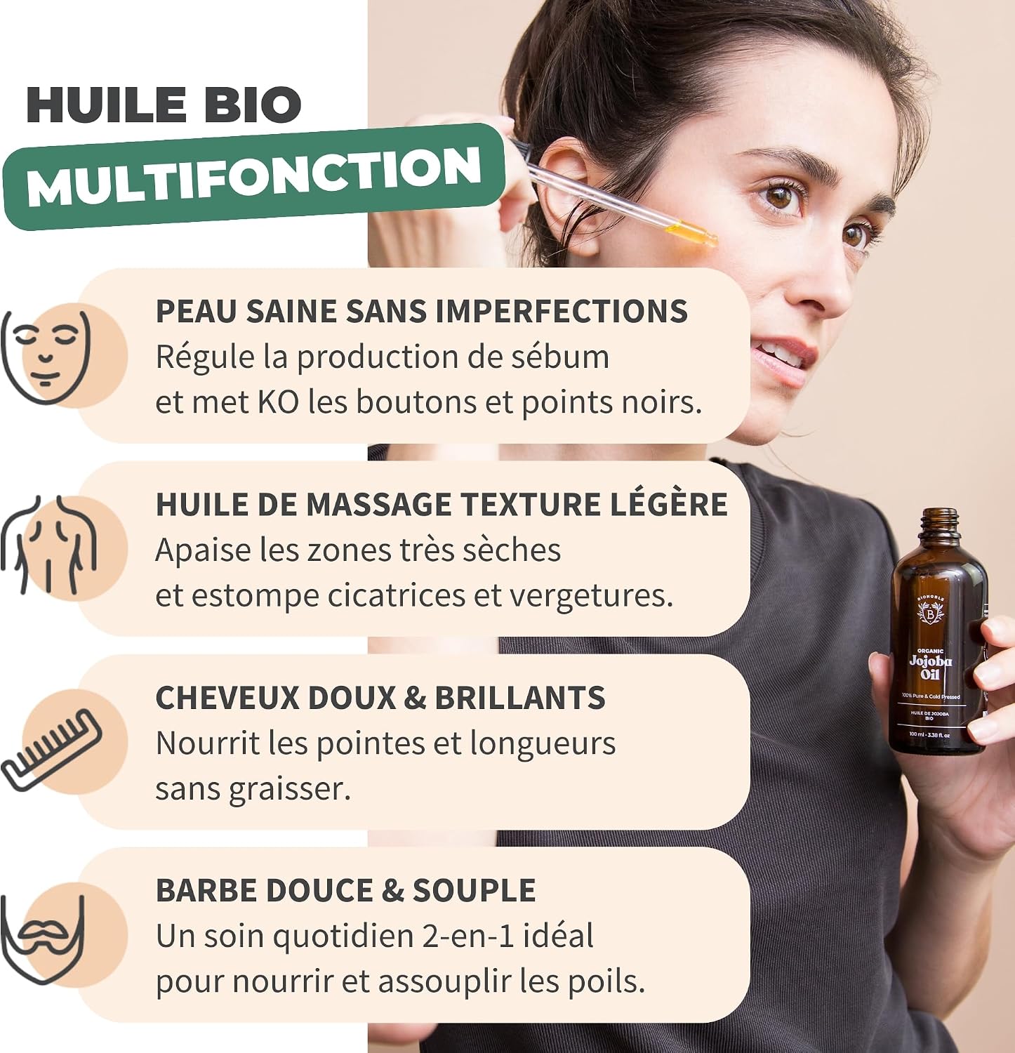 Detalle de BIONOBLE Huile de Jojoba Bio Pressée à Froid 100% Pure – Équilibre le Sébum, Adoucit, Anti-Acné