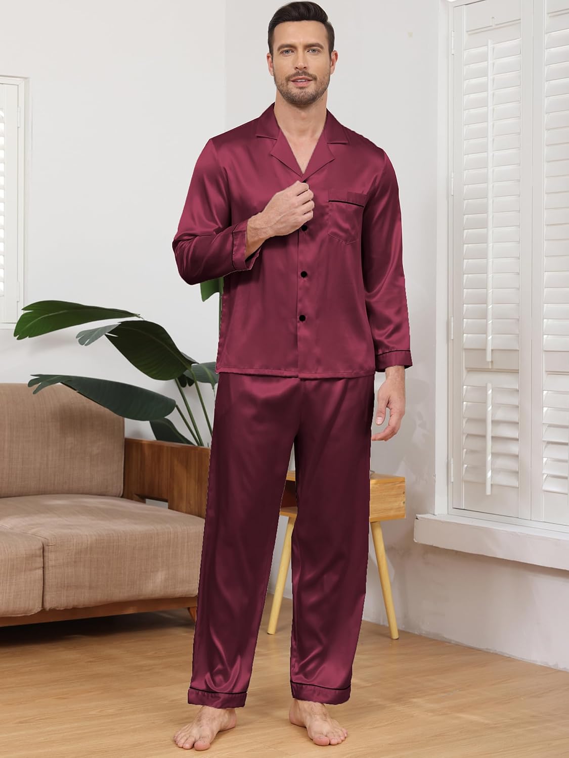 Detalle de Reliwel herenpyjamaset met lange mouwen en lange broek, polyester-elastaan