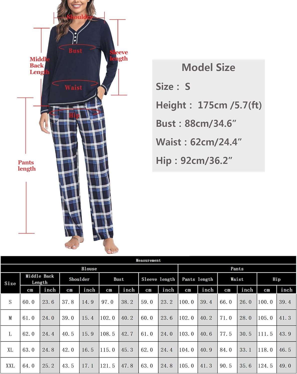 Thumbnail 6 de Uniexcosm Pyjama Femme en coton long – Ensemble à carreaux avec poches et col rond