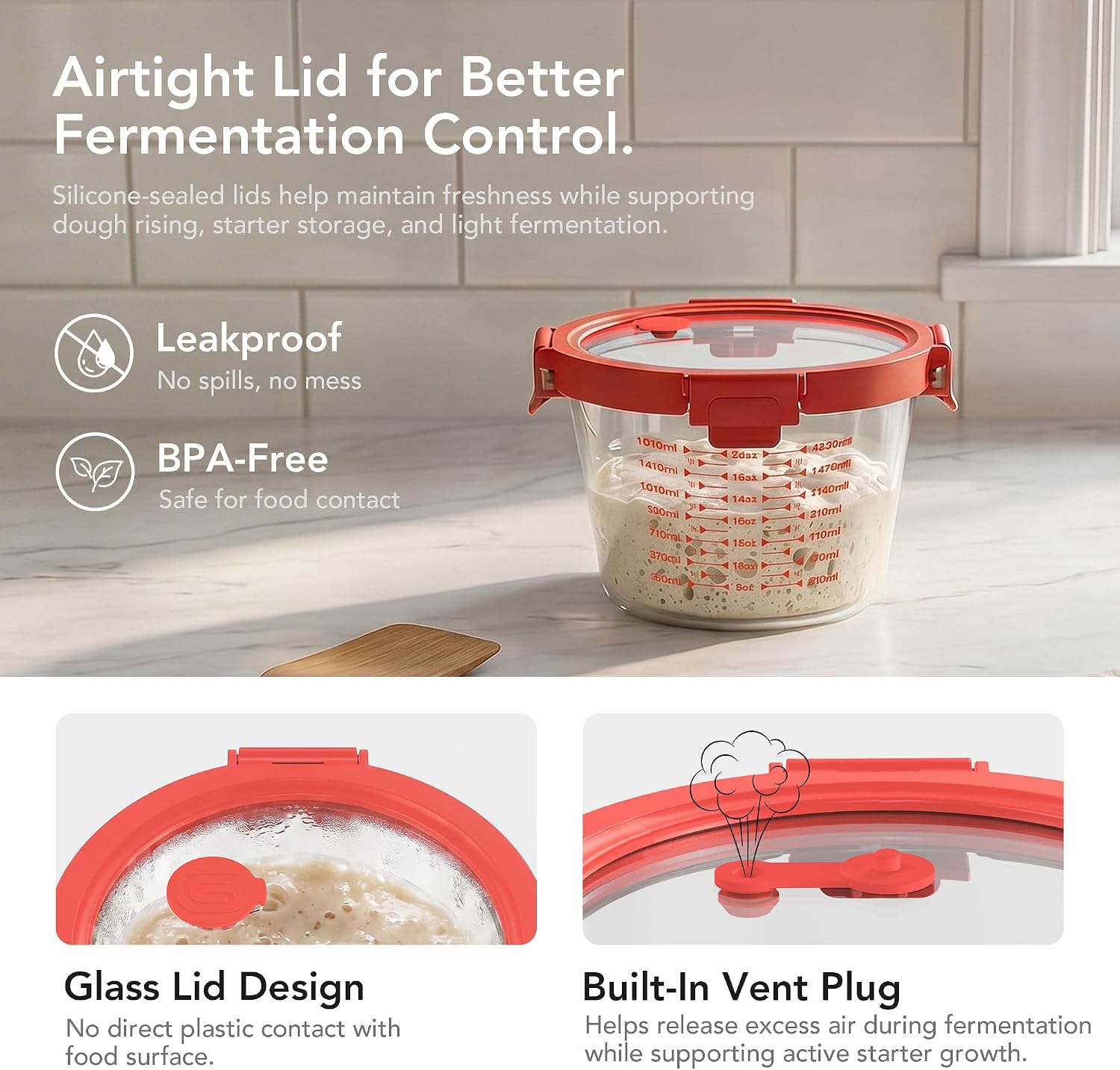 Detalle 2 de GENICOOK 24 oz & 71 oz Red Sourdough Jar Set, Borosilicate Glass