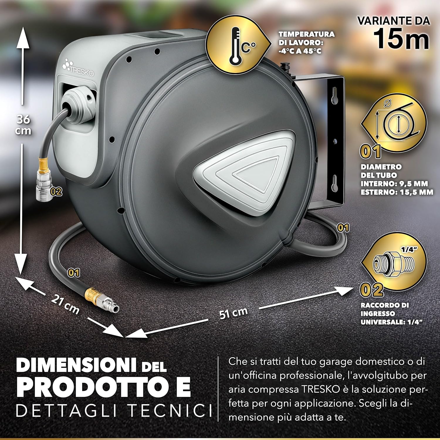 Detalle 2 de TRESKO Avvolgitubo Aria Compressa 15 mt con Tubo — Avvolgitubo Pneumatico 1/4", Arresto Automatico, Riavvolgitore, Blu
