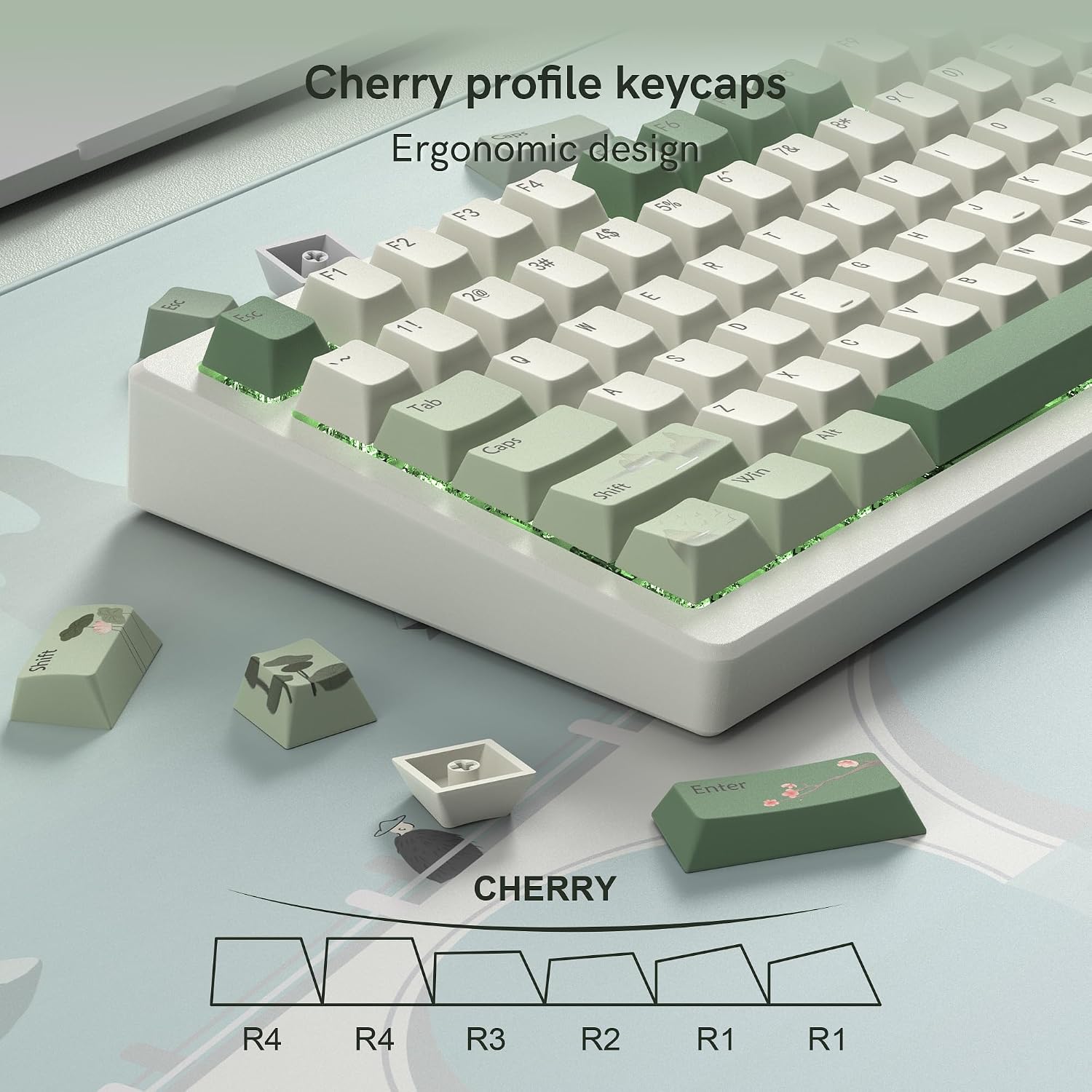 Detalle de dagaladoo Matcha Green PBT Keycap Set, Cherry Profile, 134 Keys